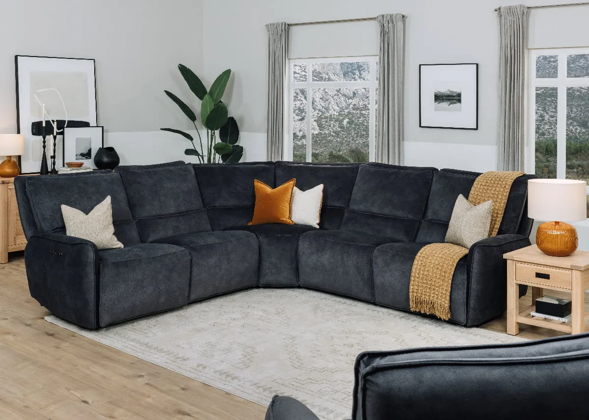 A lifestyle image of the Quentin medium corner sofa fixed with Mode and Internse canvas