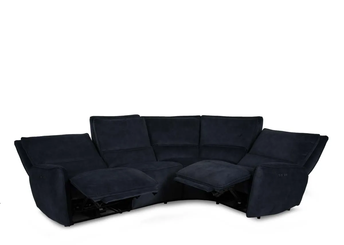 A small dark grey fabric corner sofa from EZ Livings Quentin range. Angled view of both ends reclined