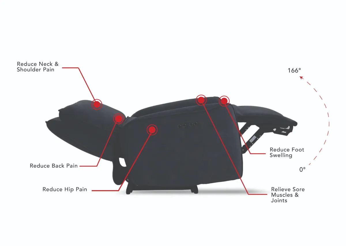 A charcoal fabric power recliner from EZ Livings Quentin range. Reclined chair