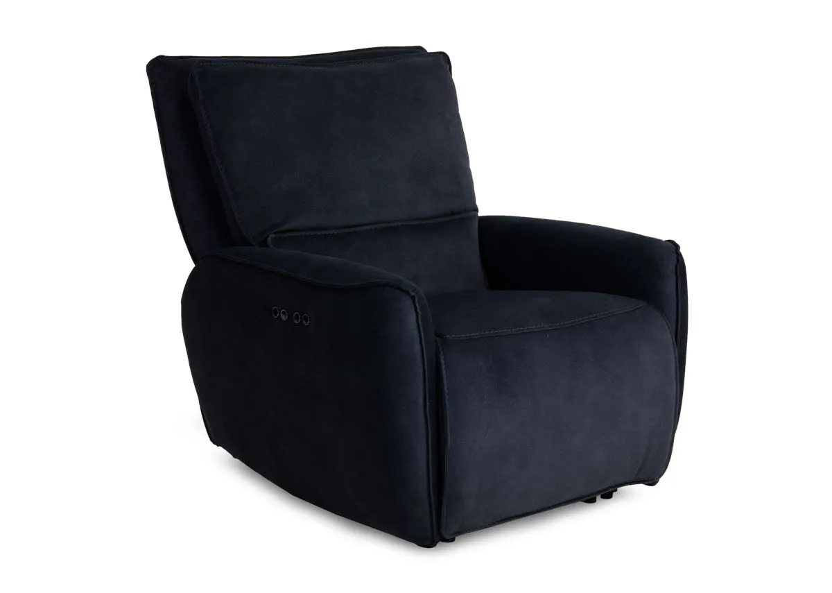 A charcoal fabric power recliner from EZ Livings Quentin range. Angled view