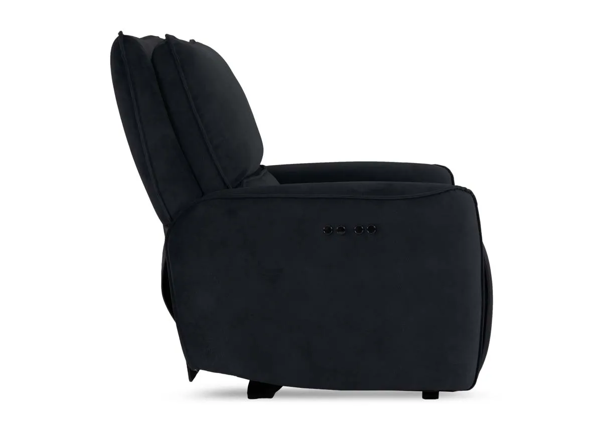 A charcoal fabric power recliner from EZ Livings Quentin range. Side view