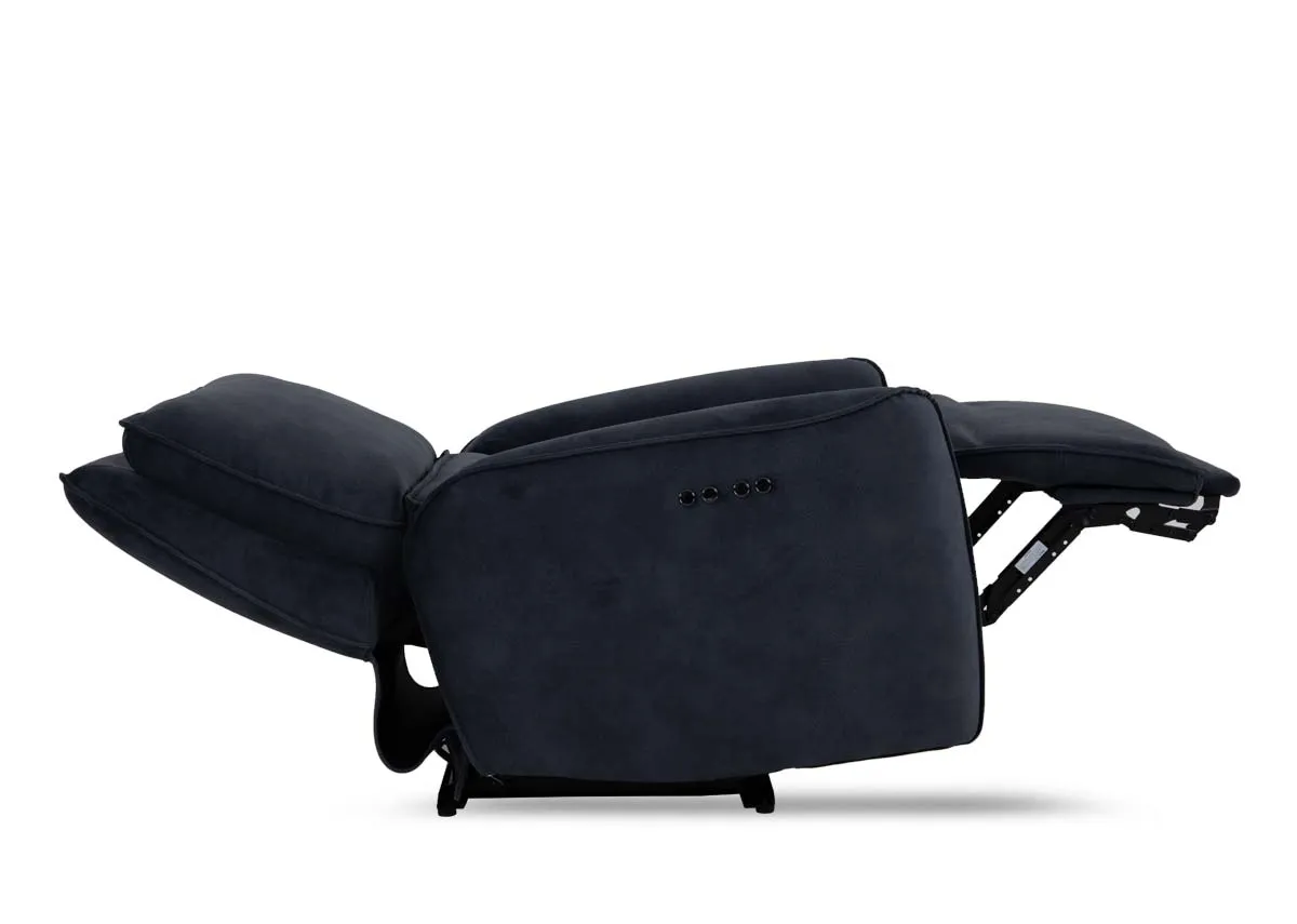 A charcoal fabric power recliner from EZ Livings Quentin range. Back view