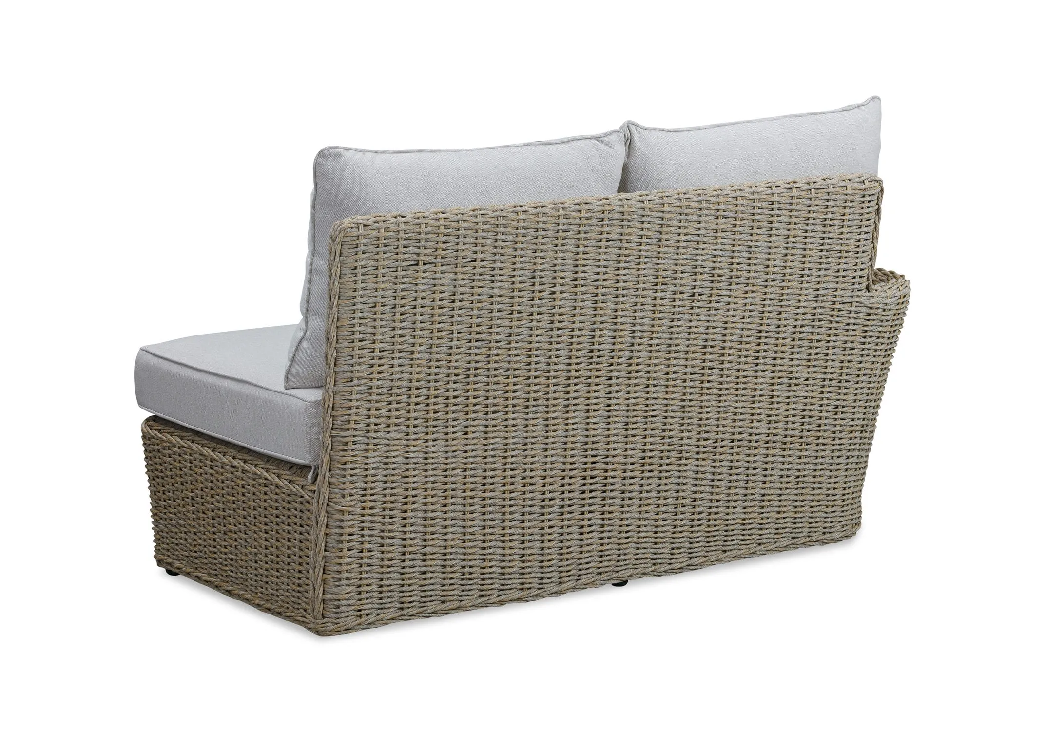 A white corner sofa with wicker base from EZ Livings Saint Tropez range. Front view of oval coffee table with wicker base.