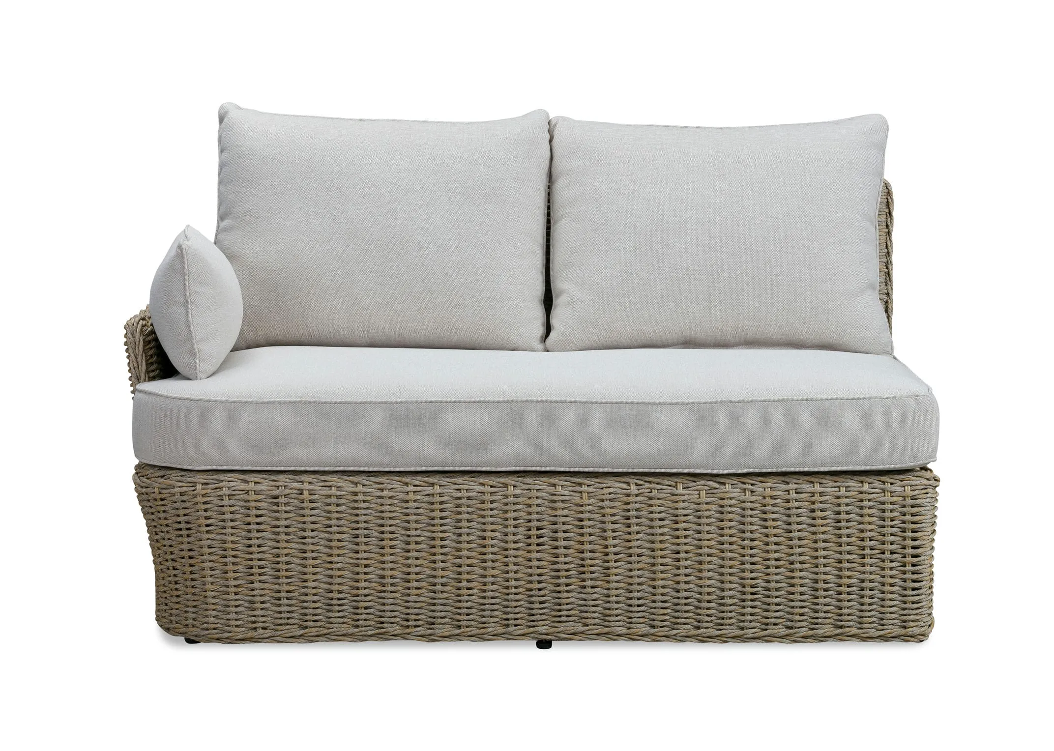 A white corner sofa with wicker base from EZ Livings Saint Tropez range. Front view of sofa with table.