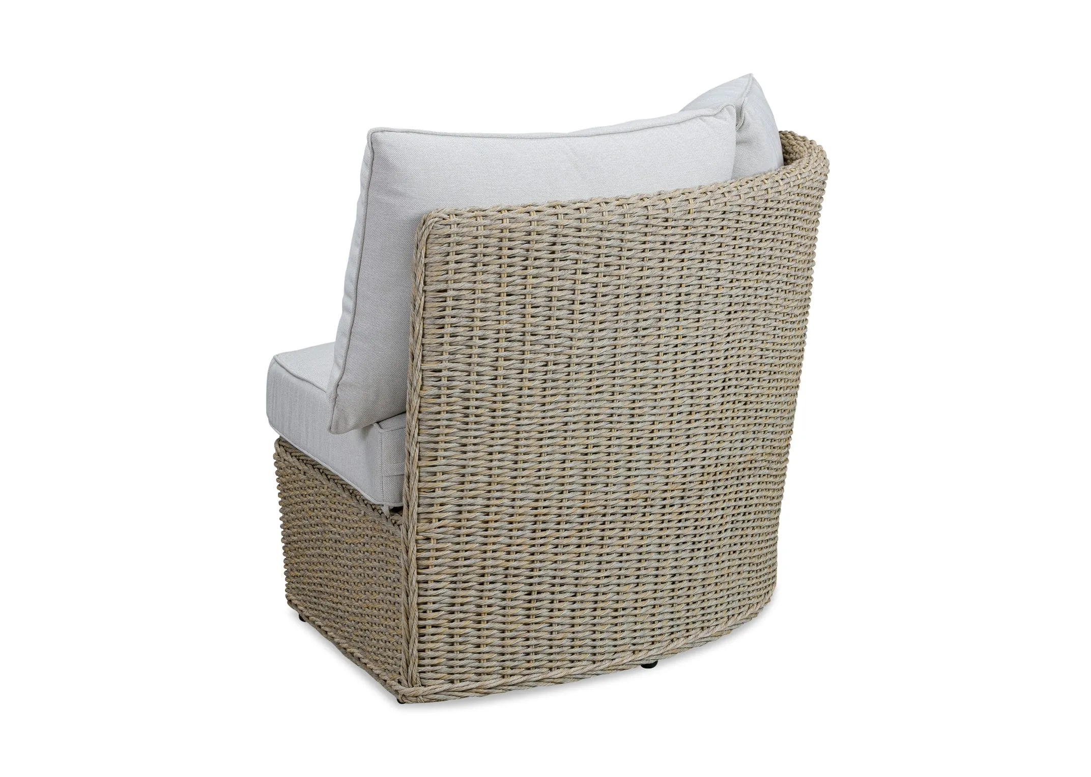 A white corner sofa with wicker base from EZ Livings Saint Tropez range. Back view of wicker curved part