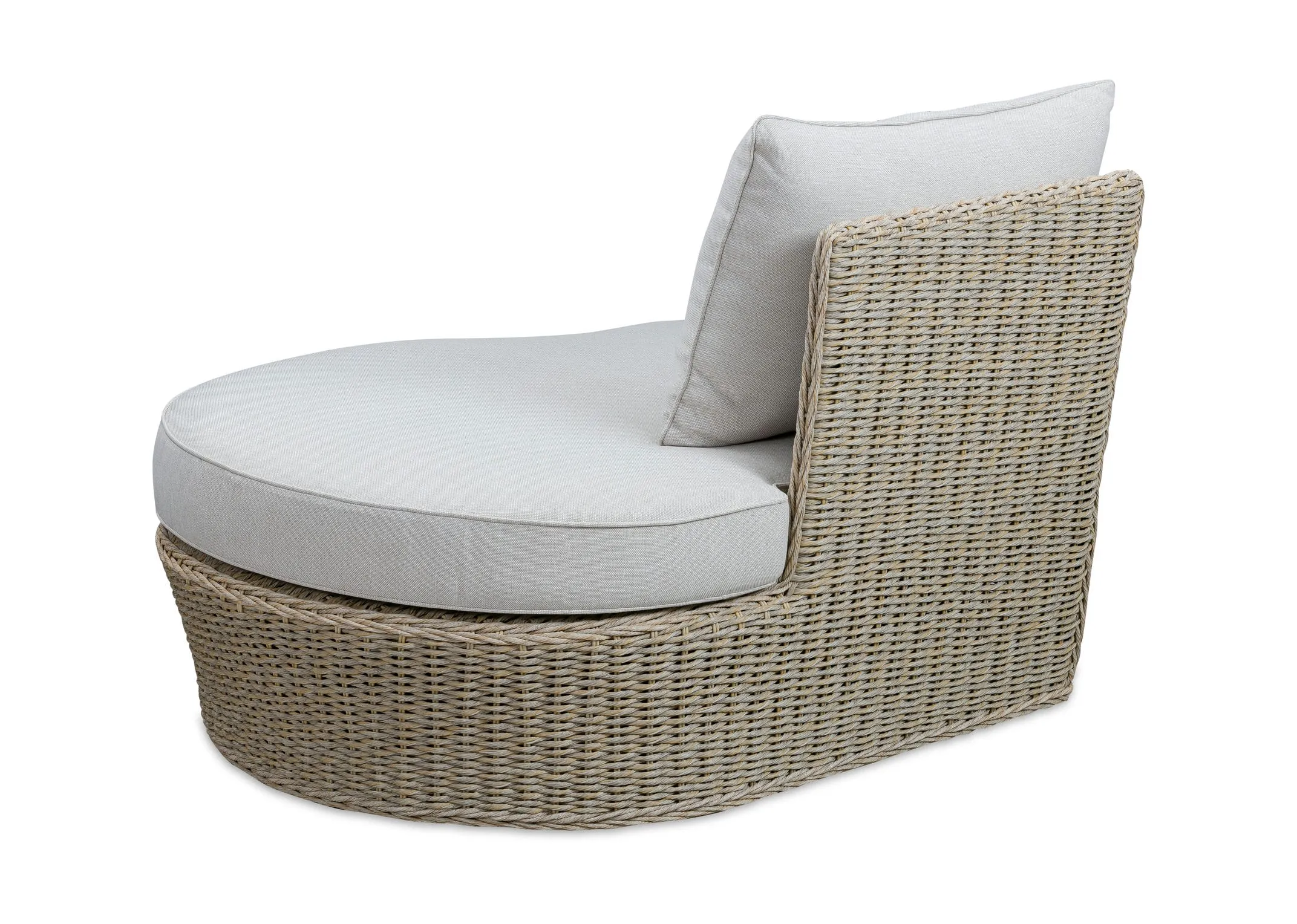 A white corner sofa with wicker base from EZ Livings Saint Tropez range. Front view of oval coffee table with wicker base.