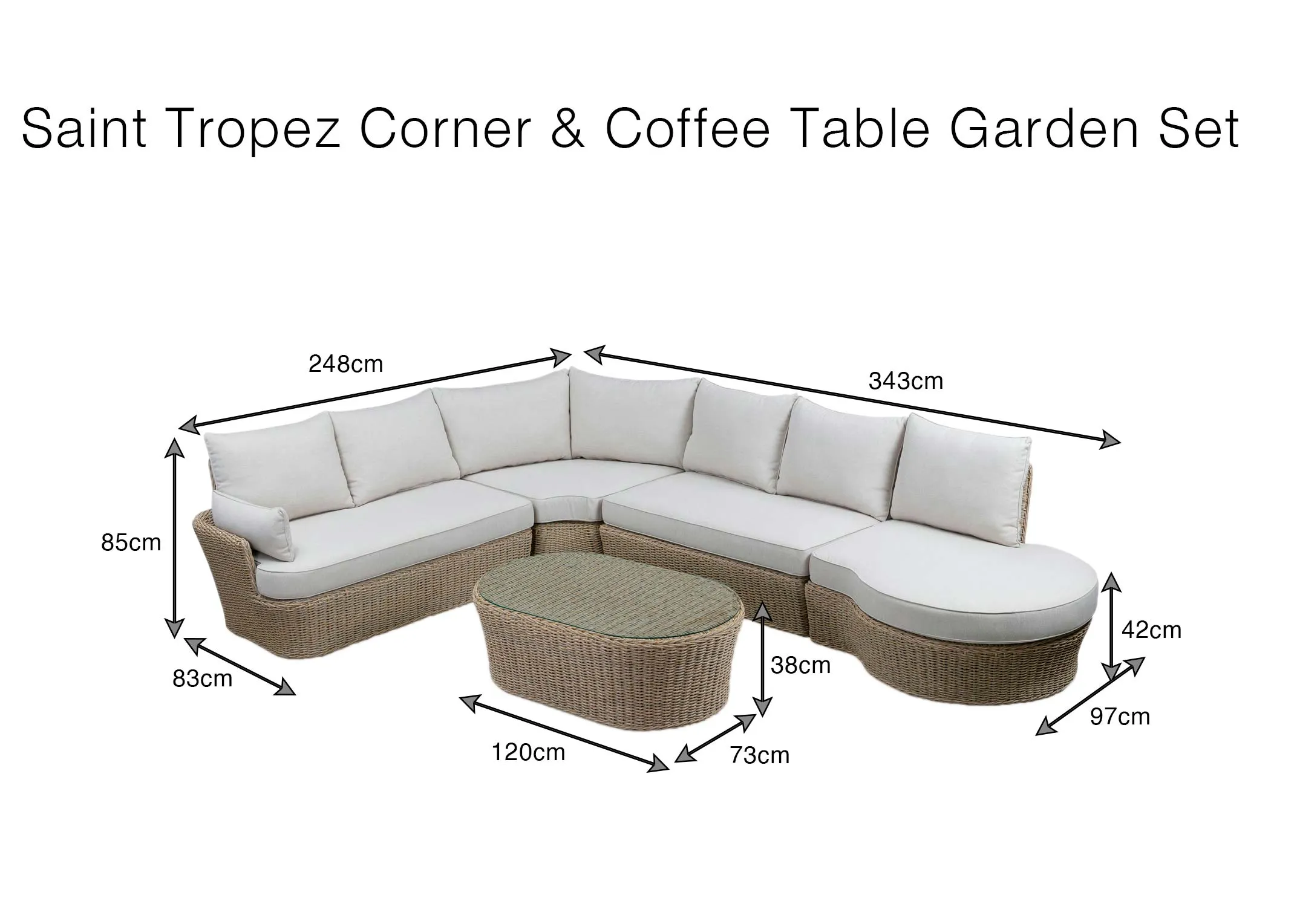 A dimension image of the Saint Tropez Corner Sofa with 248cm x 343cm x 85cm