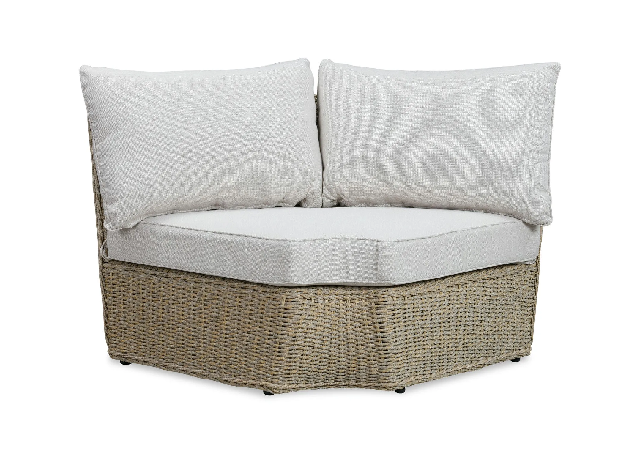A white corner sofa with wicker base from EZ Livings Saint Tropez range. Angled view of curved chaise.