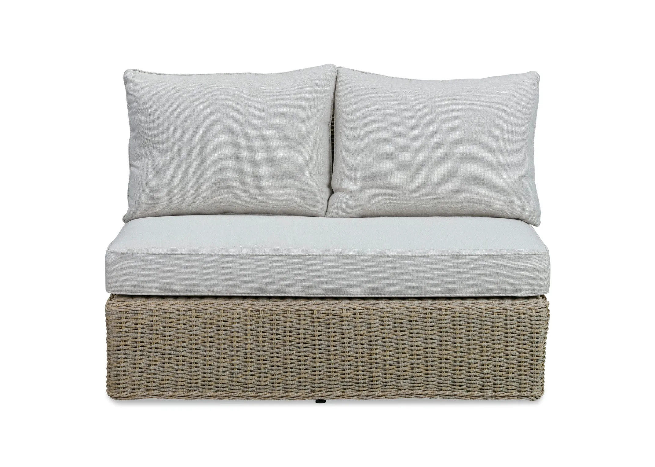 A white corner sofa with wicker base from EZ Livings Saint Tropez range. Closeup of 2 seater