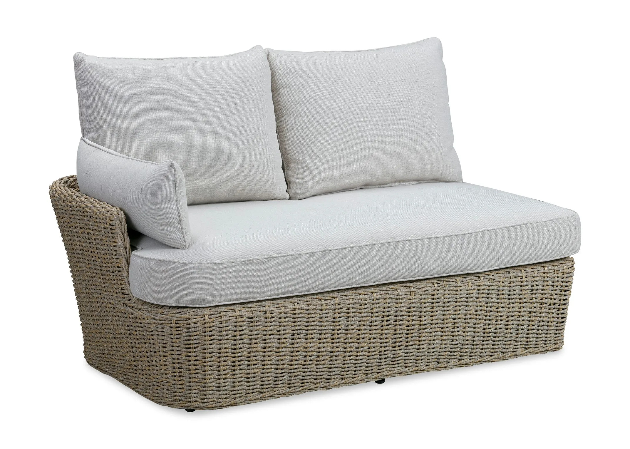 A white corner sofa with wicker base from EZ Livings Saint Tropez range. Angled view of wicker base and white polypropelene fabric.