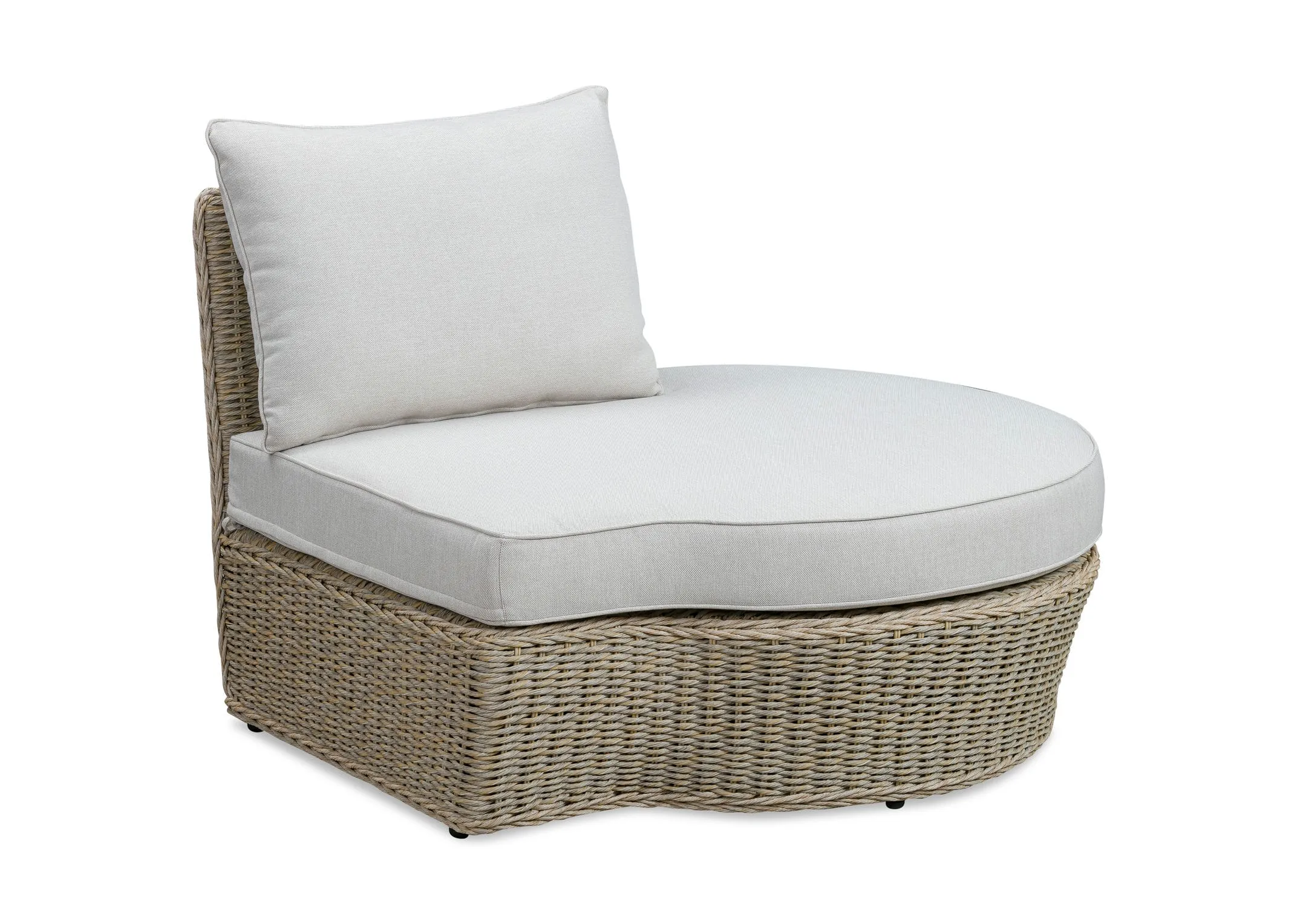 A white corner sofa with wicker base from EZ Livings Saint Tropez range. Angled view of curved chaise.
