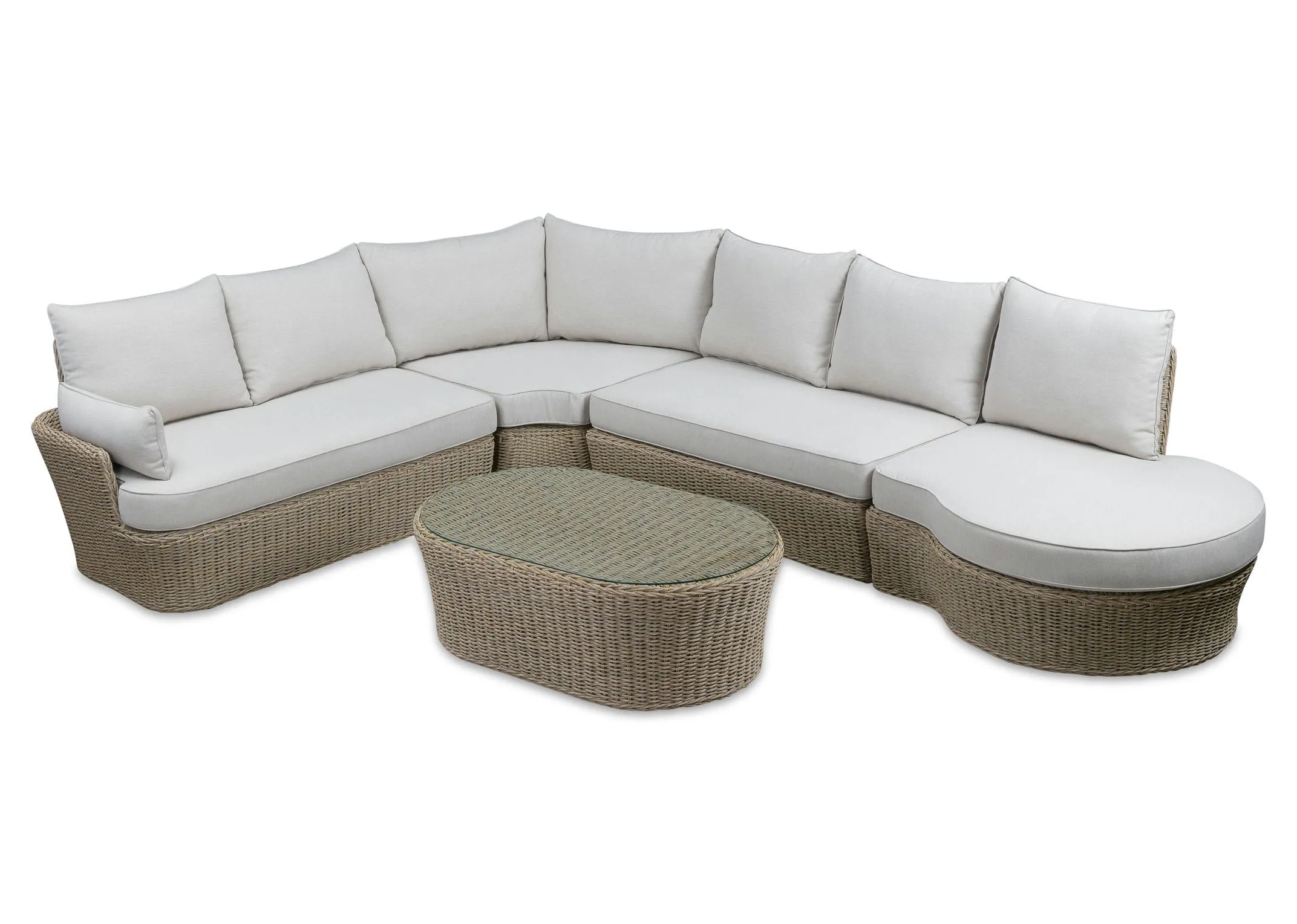 A white corner sofa with wicker base from EZ Livings Saint Tropez range. Angled view of corner part.