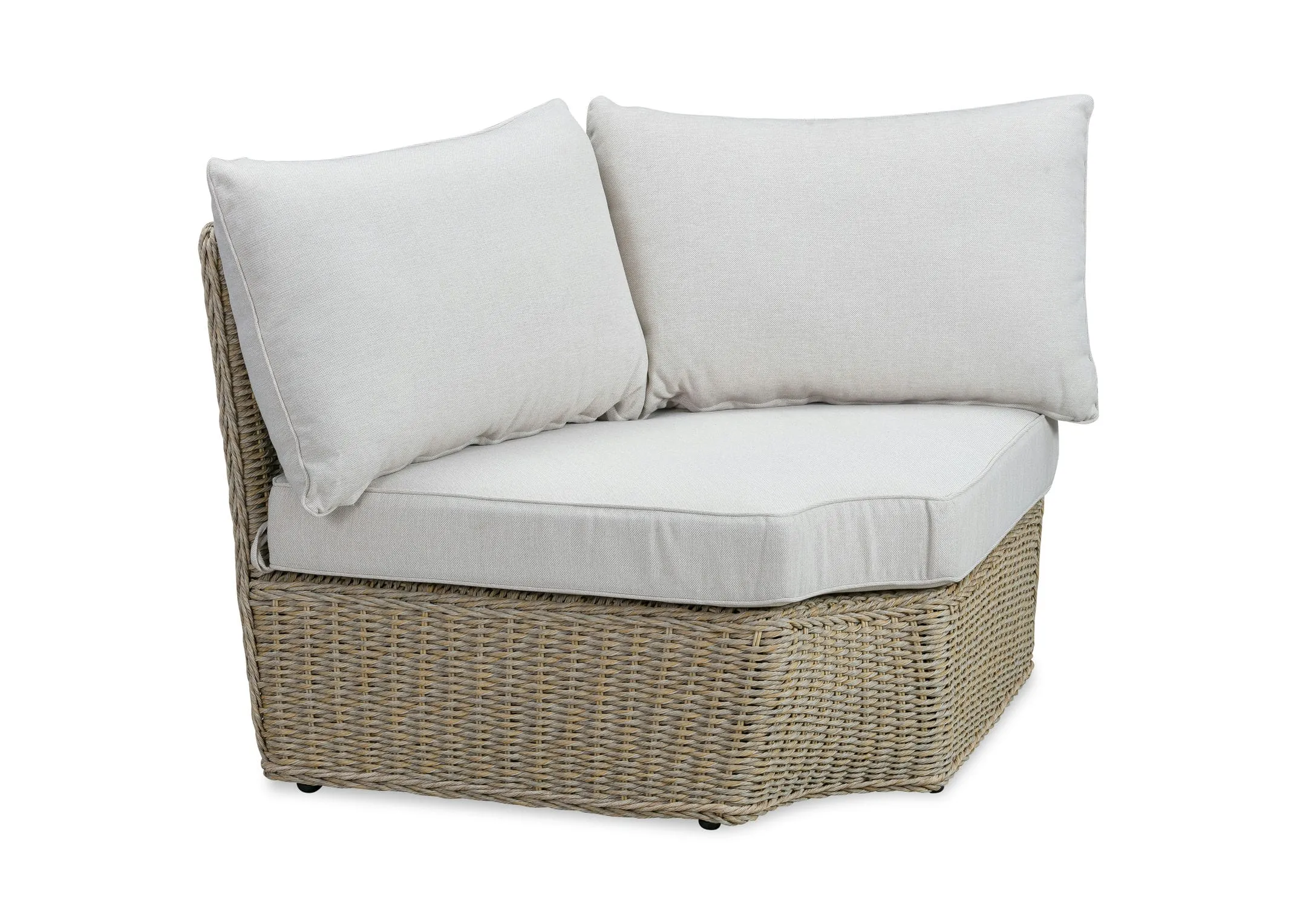 A white corner sofa with wicker base from EZ Livings Saint Tropez range. Angled view of corner part.