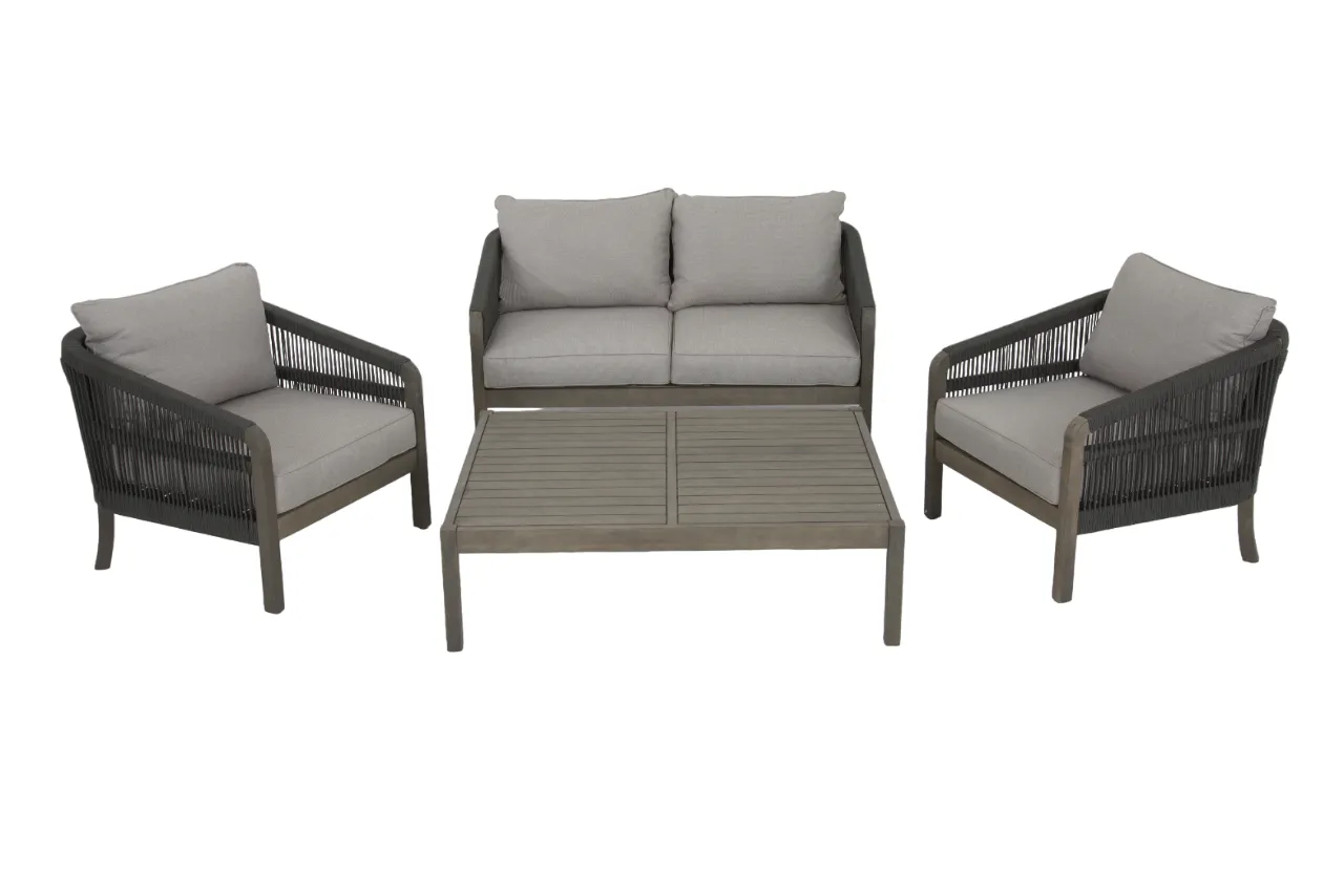 An outdoor lounge set with a 2 seater sofa a table and 2 chairs from EZ Livings Monpellier range. Angled view