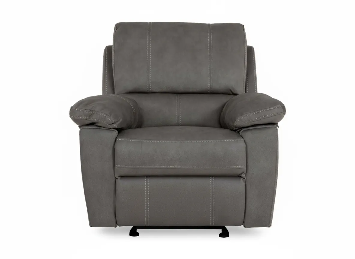A sultry grey fabric rcker recliner from EZ Livings Michigan range. Front view of flat padded armrests