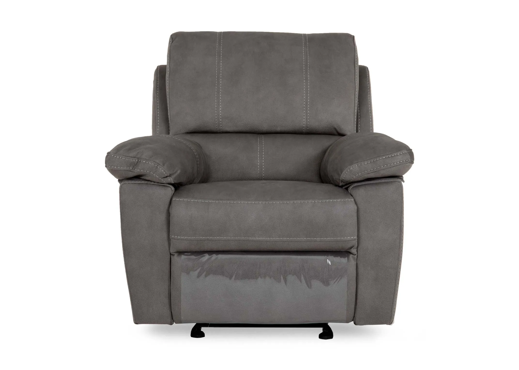 A sultry grey fabric rcker recliner from EZ Livings Michigan range.Front view of rocker fetaure beneath front of armchair.