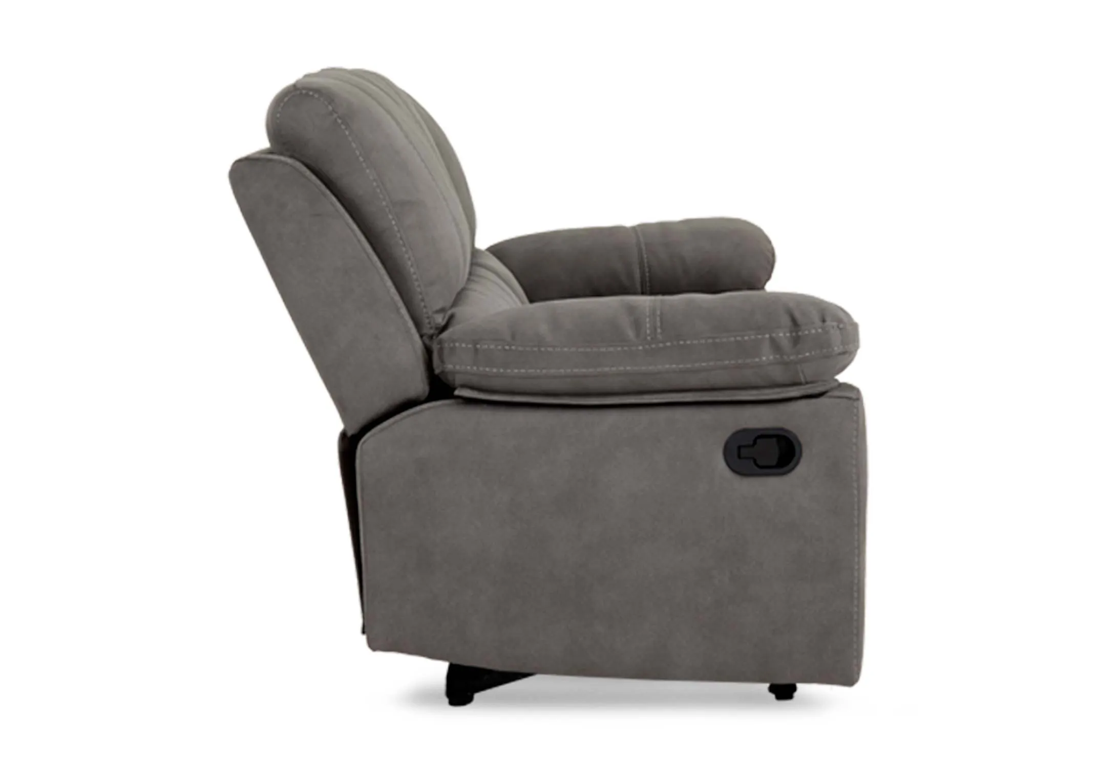 A sultry grey fabric rcker recliner from EZ Livings Michigan range. Side view of padded armrests.