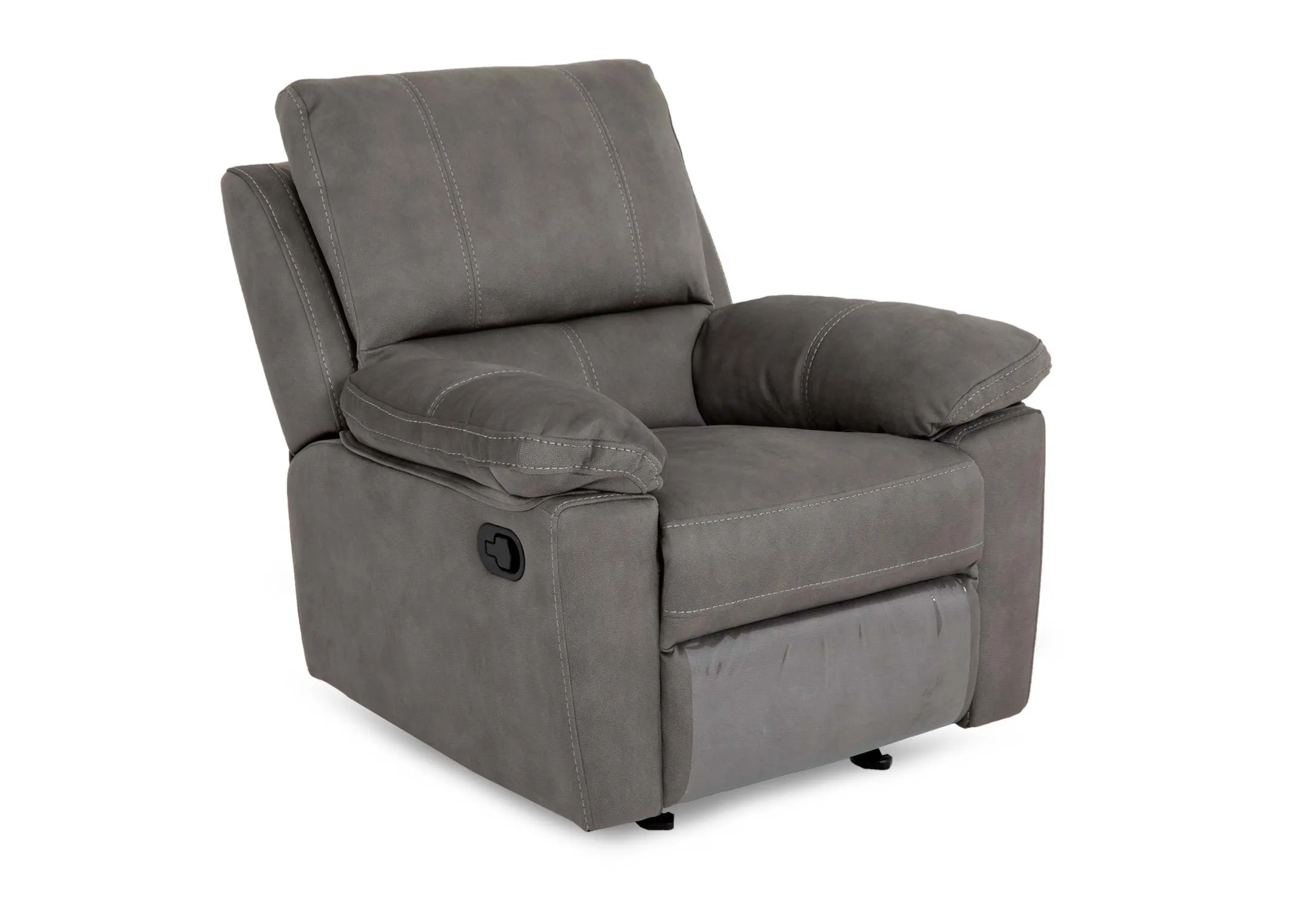 A sultry grey fabric rcker recliner from EZ Livings Michigan range. Angled view in fixed mode.