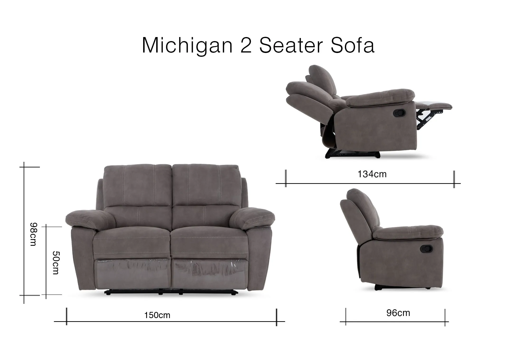 A dimension image of the Michigan 2 Seater with 150cm x 96-124cm x 98cm