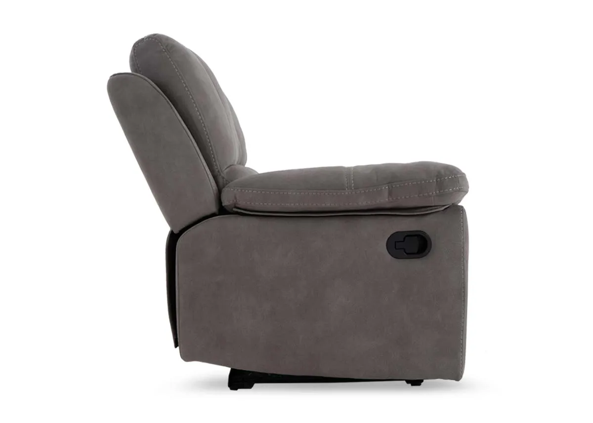 A 2 seater sultry grey recliner from EZ Livings Michigan range.Side view of sofa in fixed mode