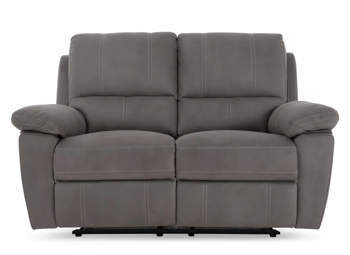 A 2 seater sultry grey recliner from EZ Livings Michigan range. Front view of sofa fixed