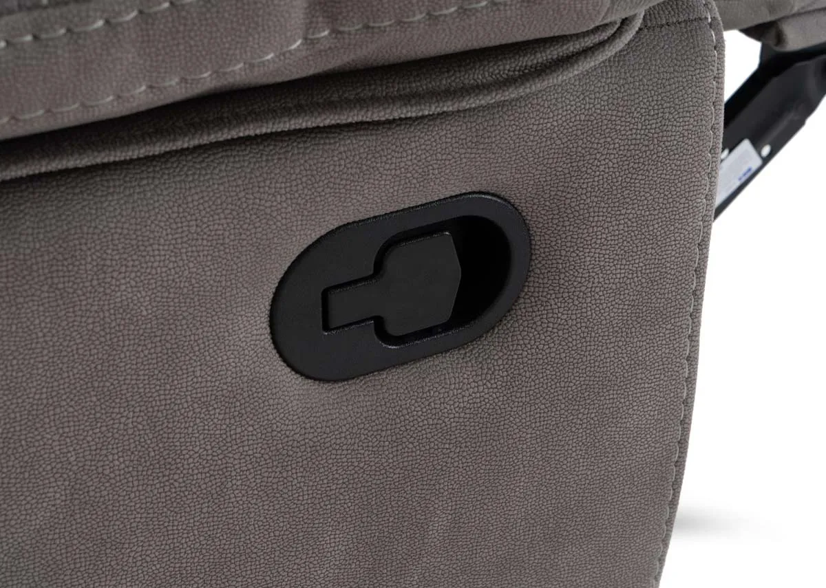 A 2 seater sultry grey recliner from EZ Livings Michigan range.Closeup of lever for reclining