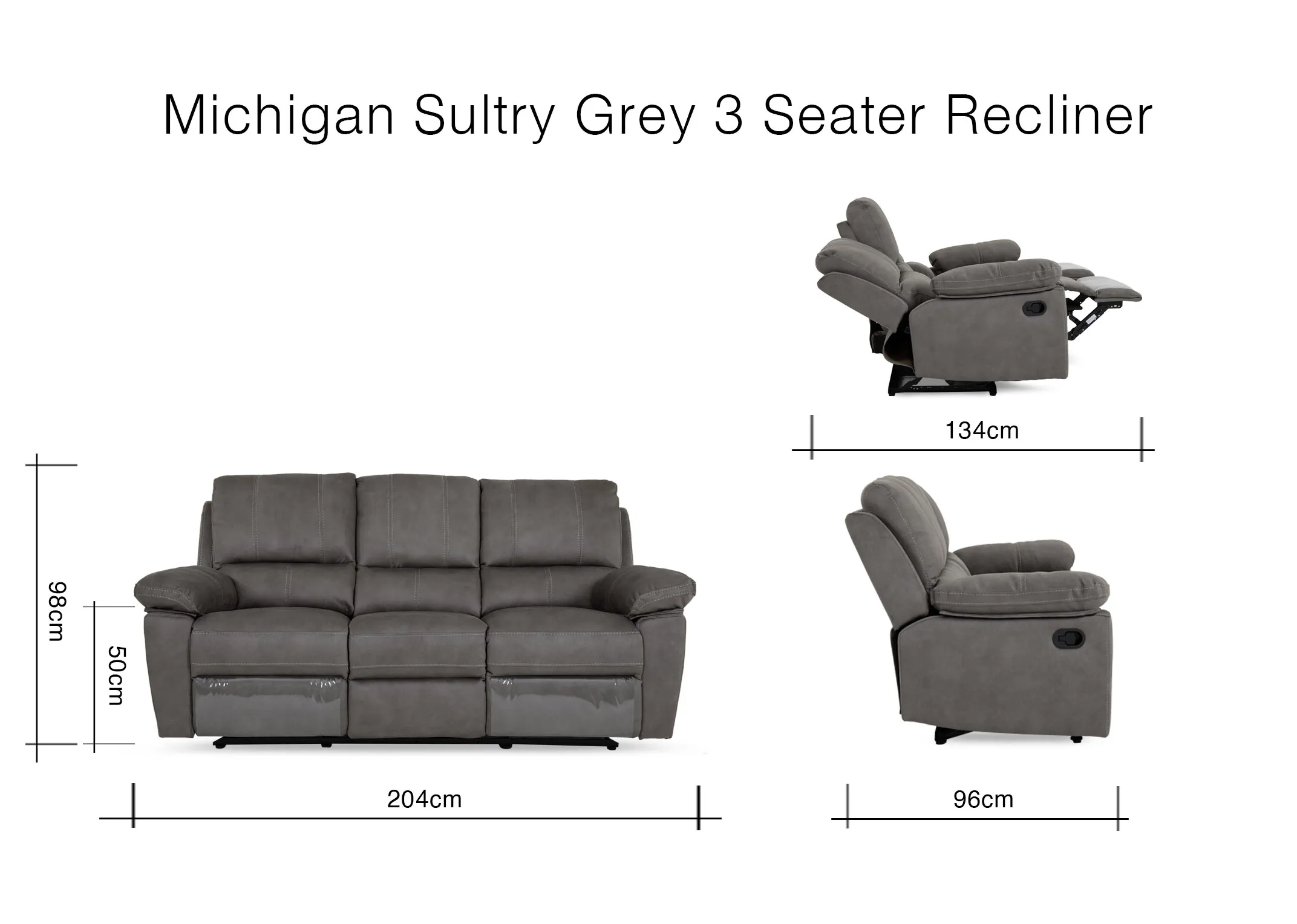 A dimension image of the Michigan Sultry 3 seater sofa with 204cm x 98cm