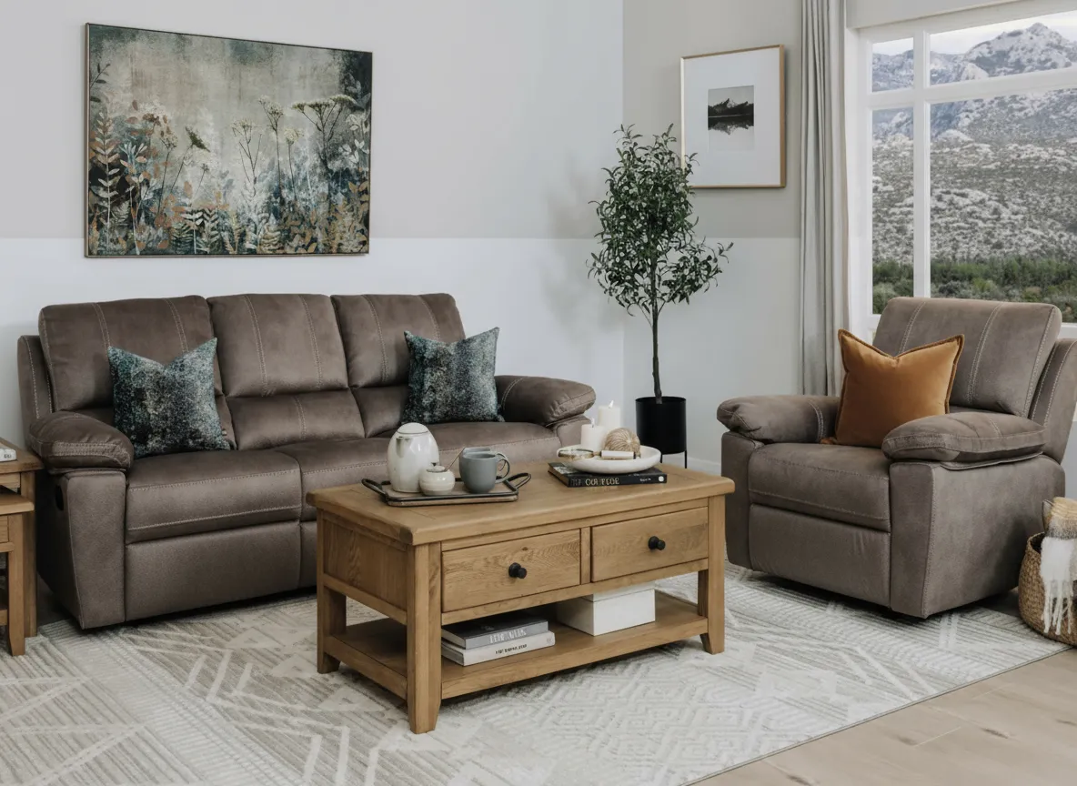 A grey fabric 3 seater sofa from EZ Livings Michigan range. Closeup of black recliner button.