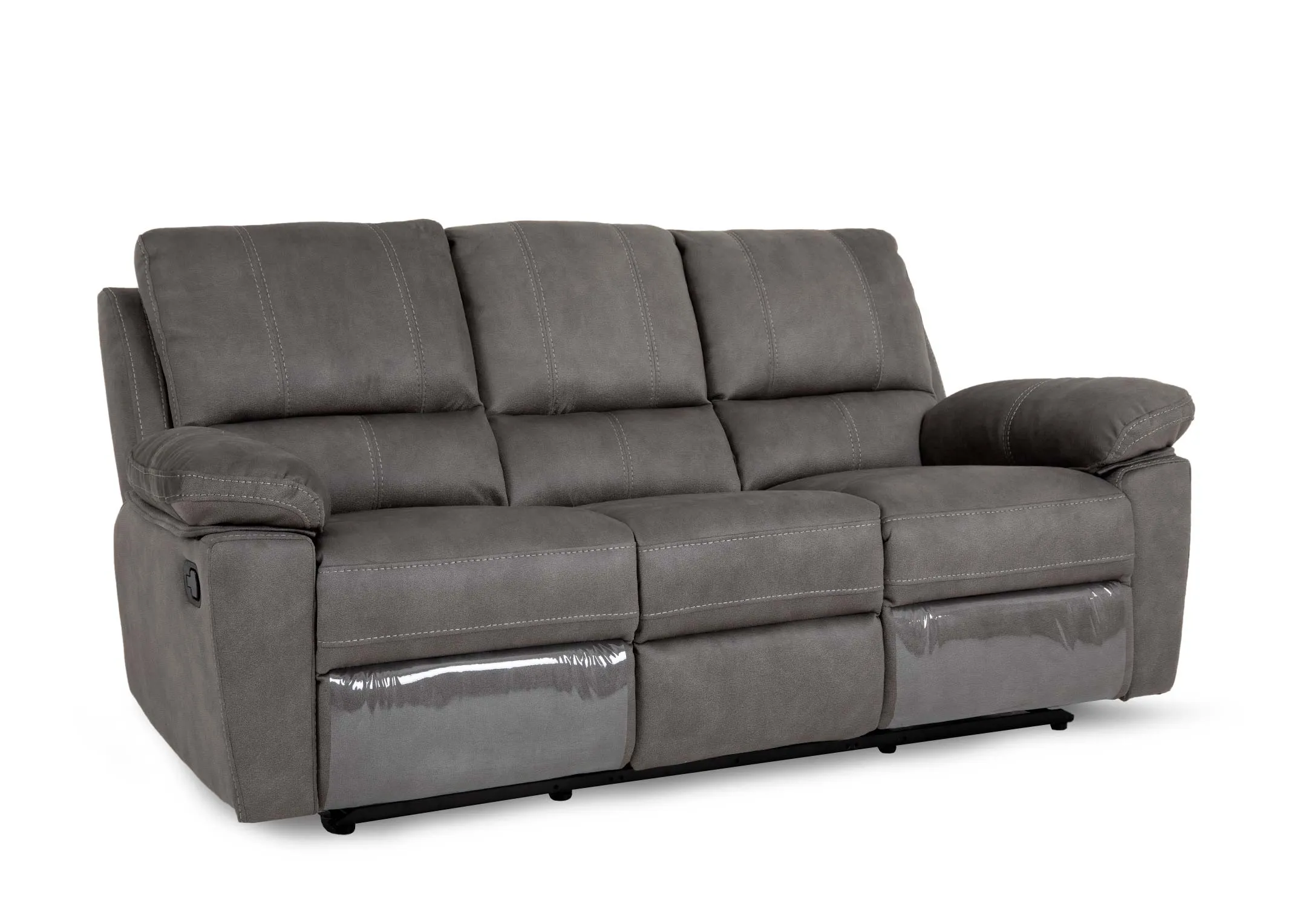 A grey fabric 3 seater sofa from EZ Livings Michigan range. Angled view of fixed sofa.
