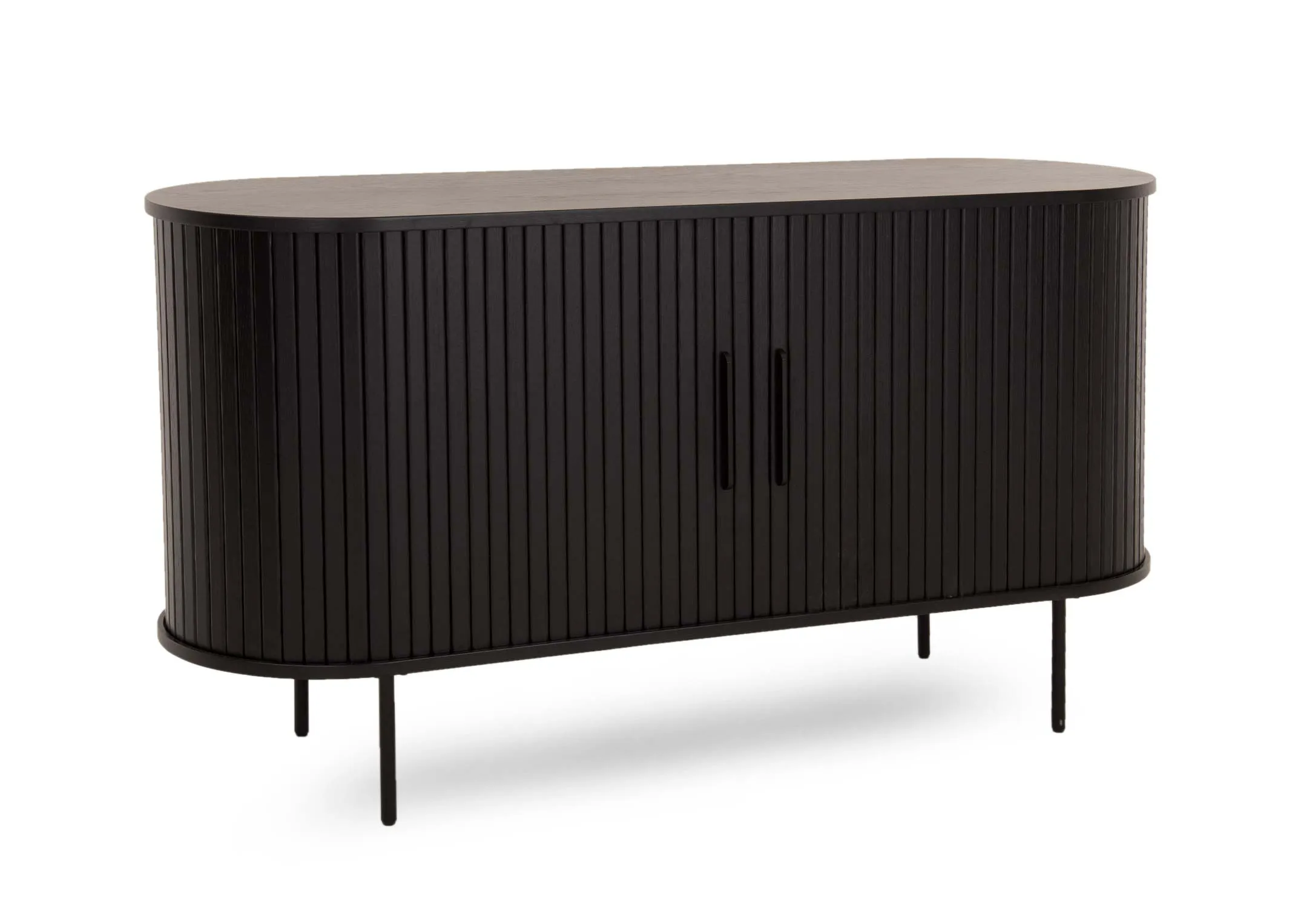 A black oak sideboard with a slatted tambour double door from EZ Livings Nola range. Angled view of skinny legs