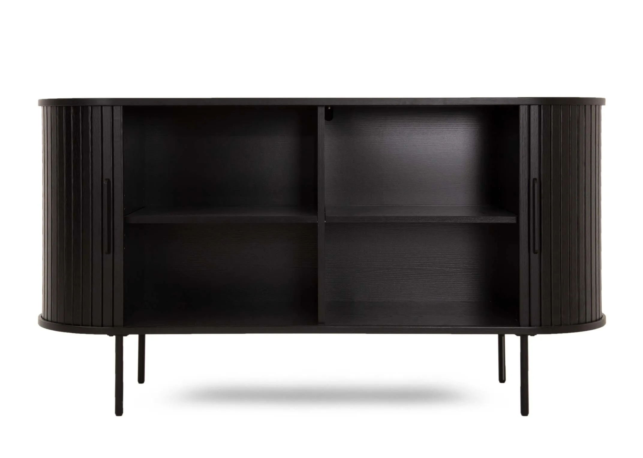 A black oak sideboard with a slatted tambour double door from EZ Livings Nola range. Closeup of metal handles