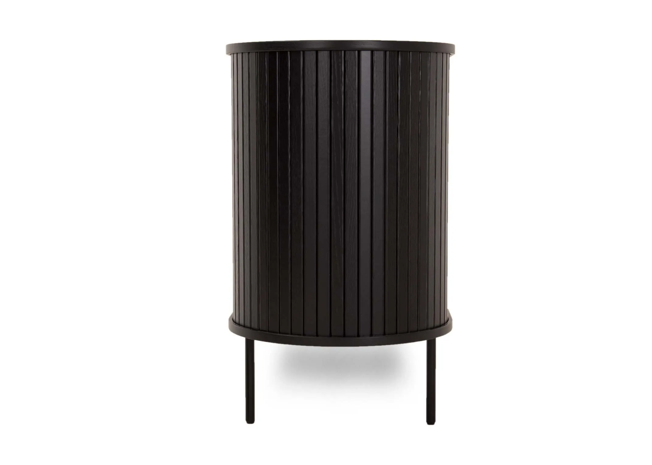 A black oak sideboard with a slatted tambour double door from EZ Livings Nola range. Front view of slatted door finish