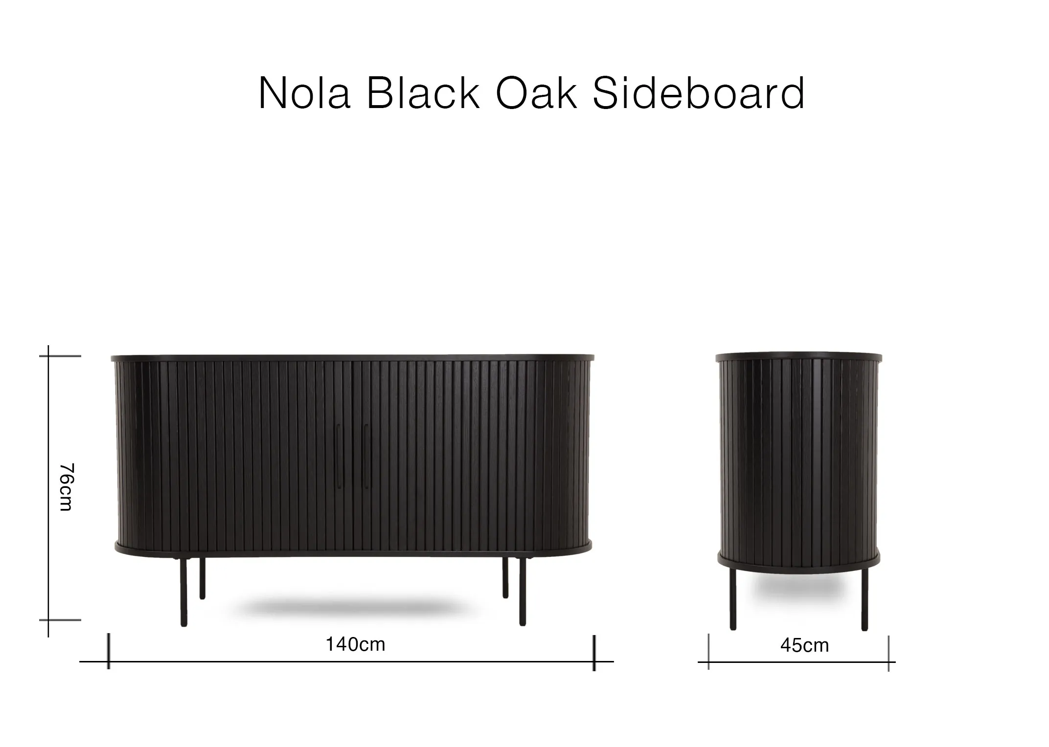 A dimension image of the Nola Black Sideboard with 140cm x 45cm x 75cm