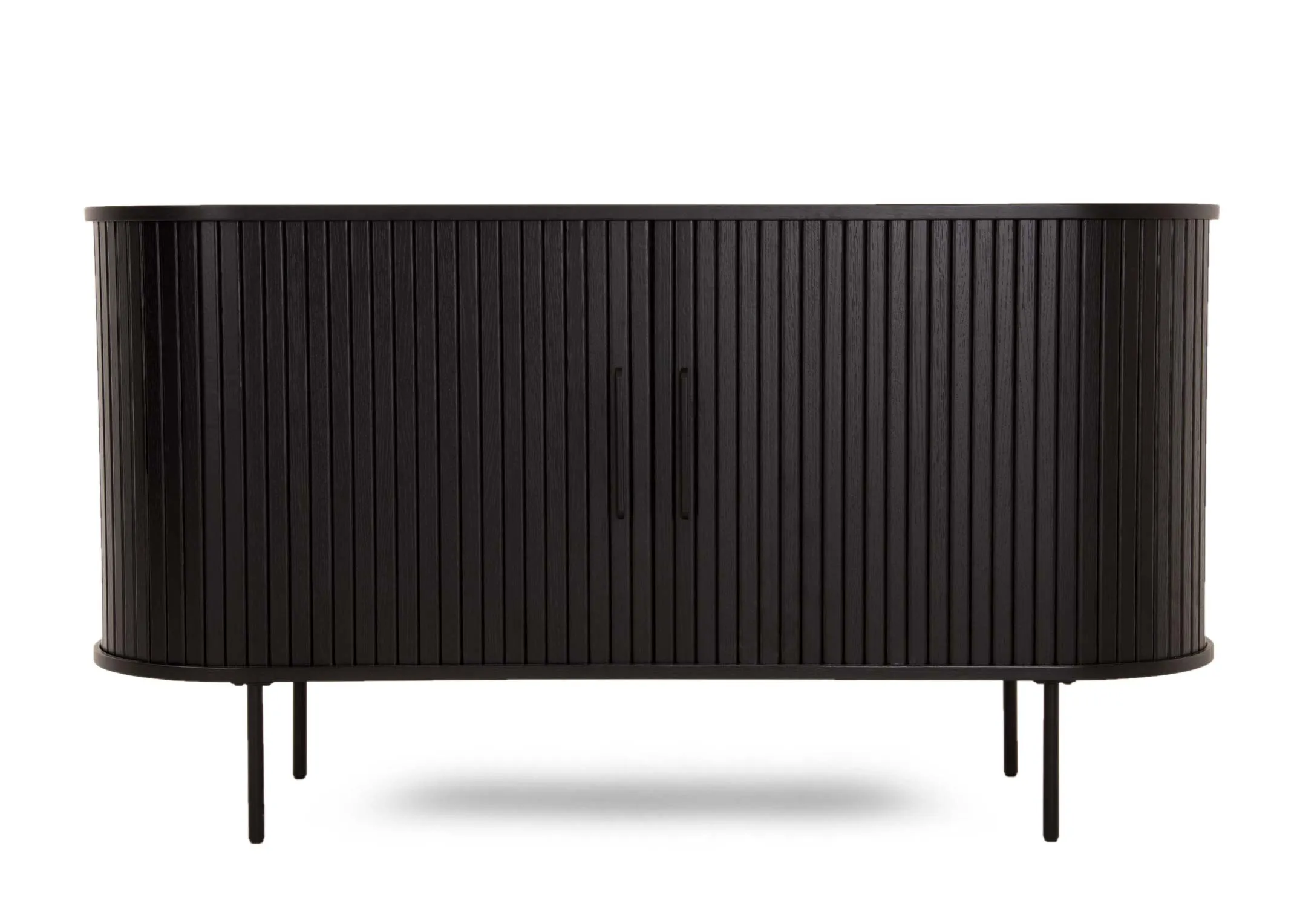 A black oak sideboard with a slatted tambour double door from EZ Livings Nola range. Front view of doors open revealing 4 shelves