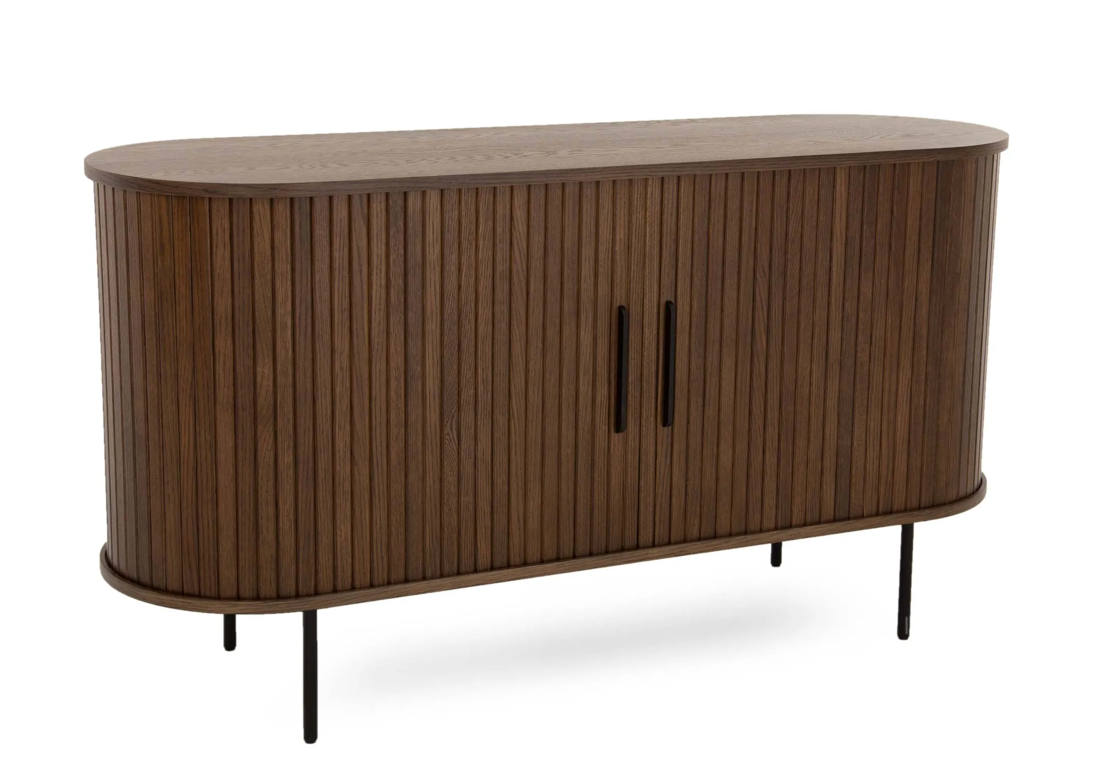 A smoked oak double taqmbour door sideboard from EZ Livings Nola range. Angled view of slatted doors and metal skinny legs.