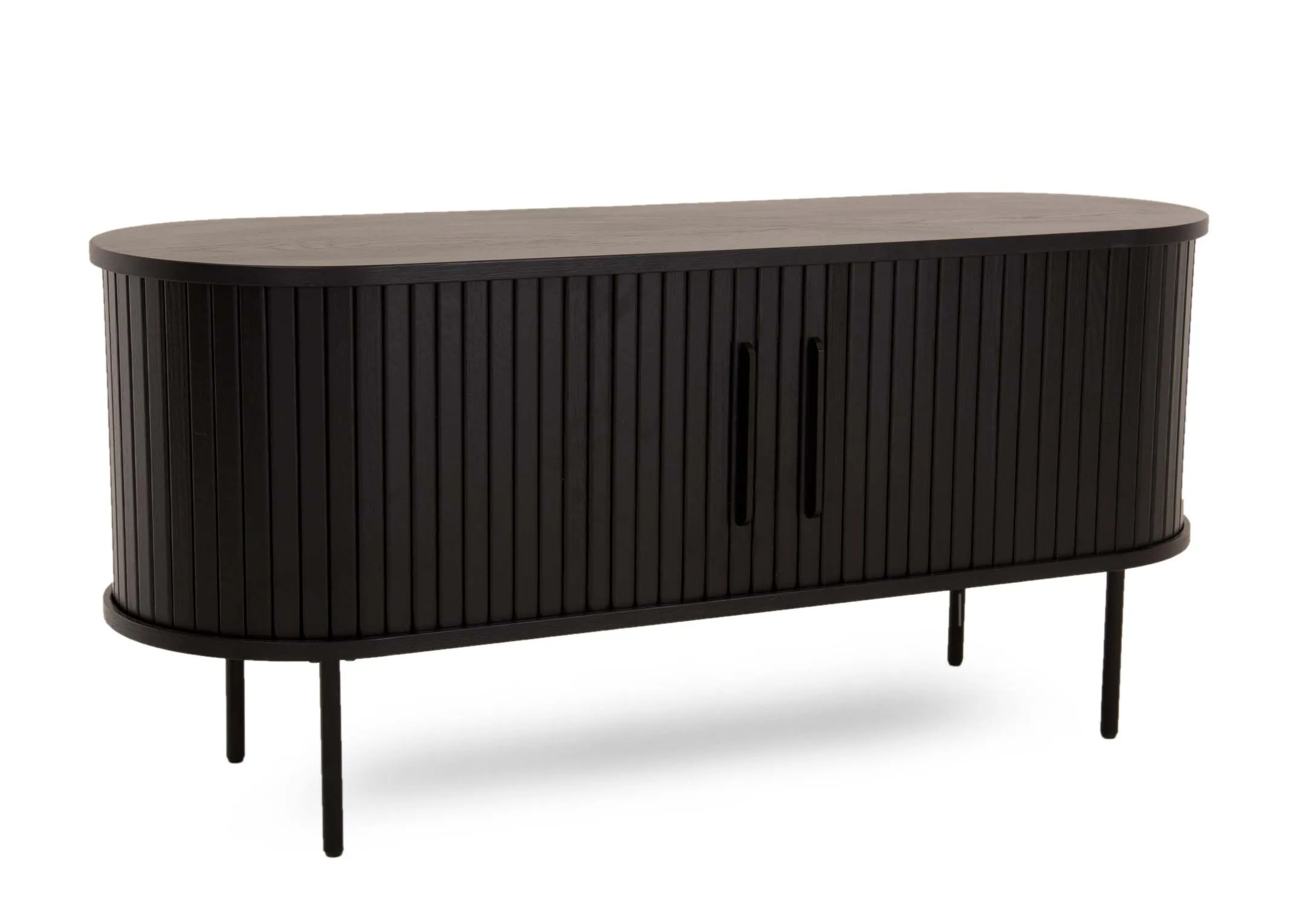 A black oak tv unit with a slatted tambour double door from EZ Livings Nola range. Angled view of skinny legs.