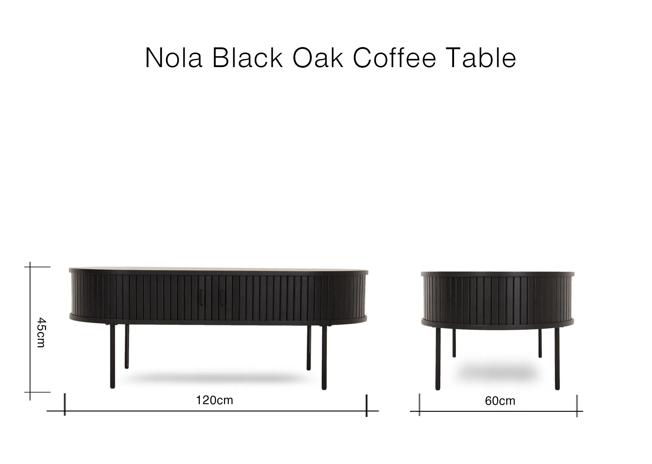 A dimension image of the Nola Oval Black coffee table with 120cm x 60cm x 45cm