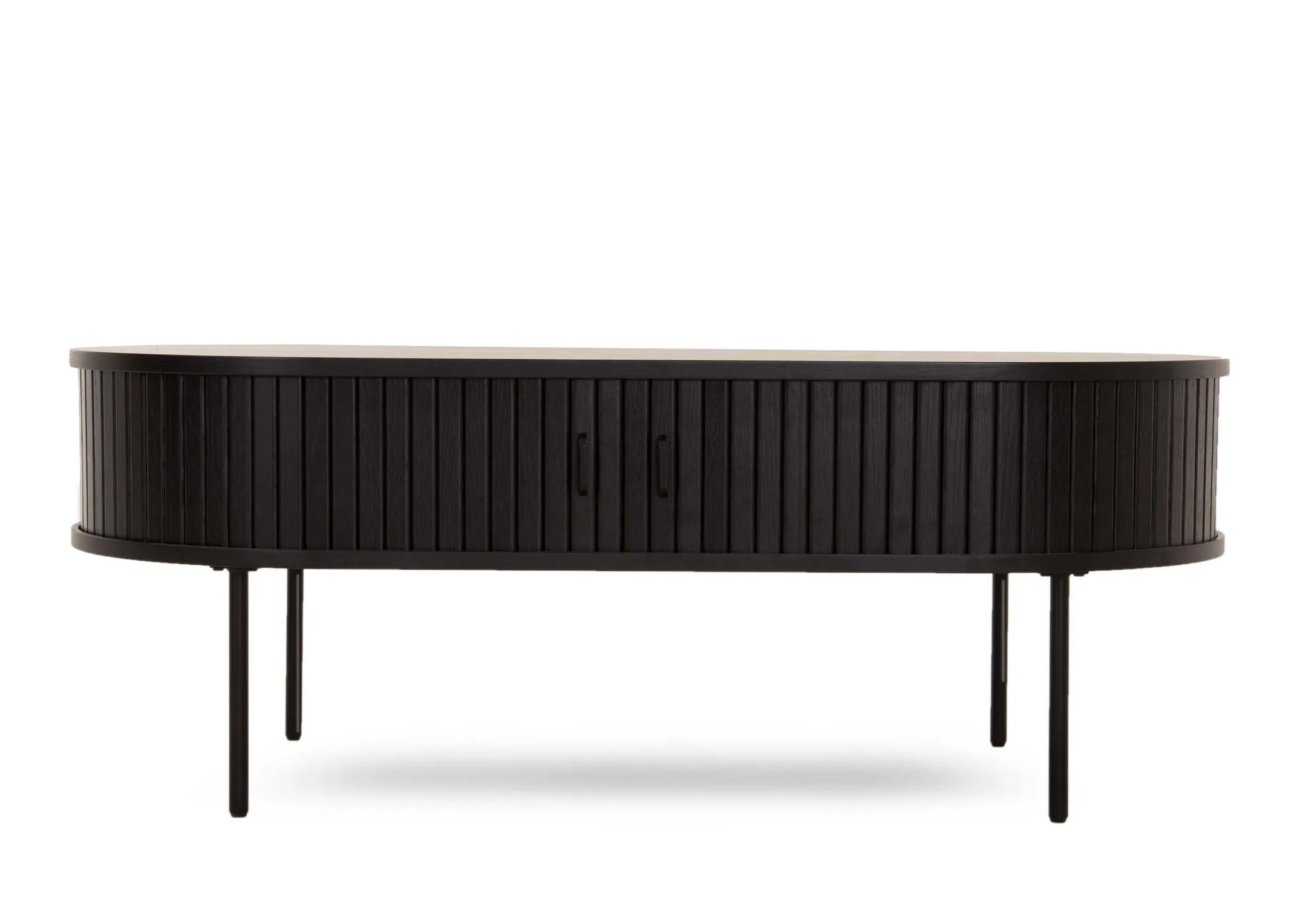 A black oak coffee table with a slatted tambour door from EZ Livings Nola range. Front view with door closed