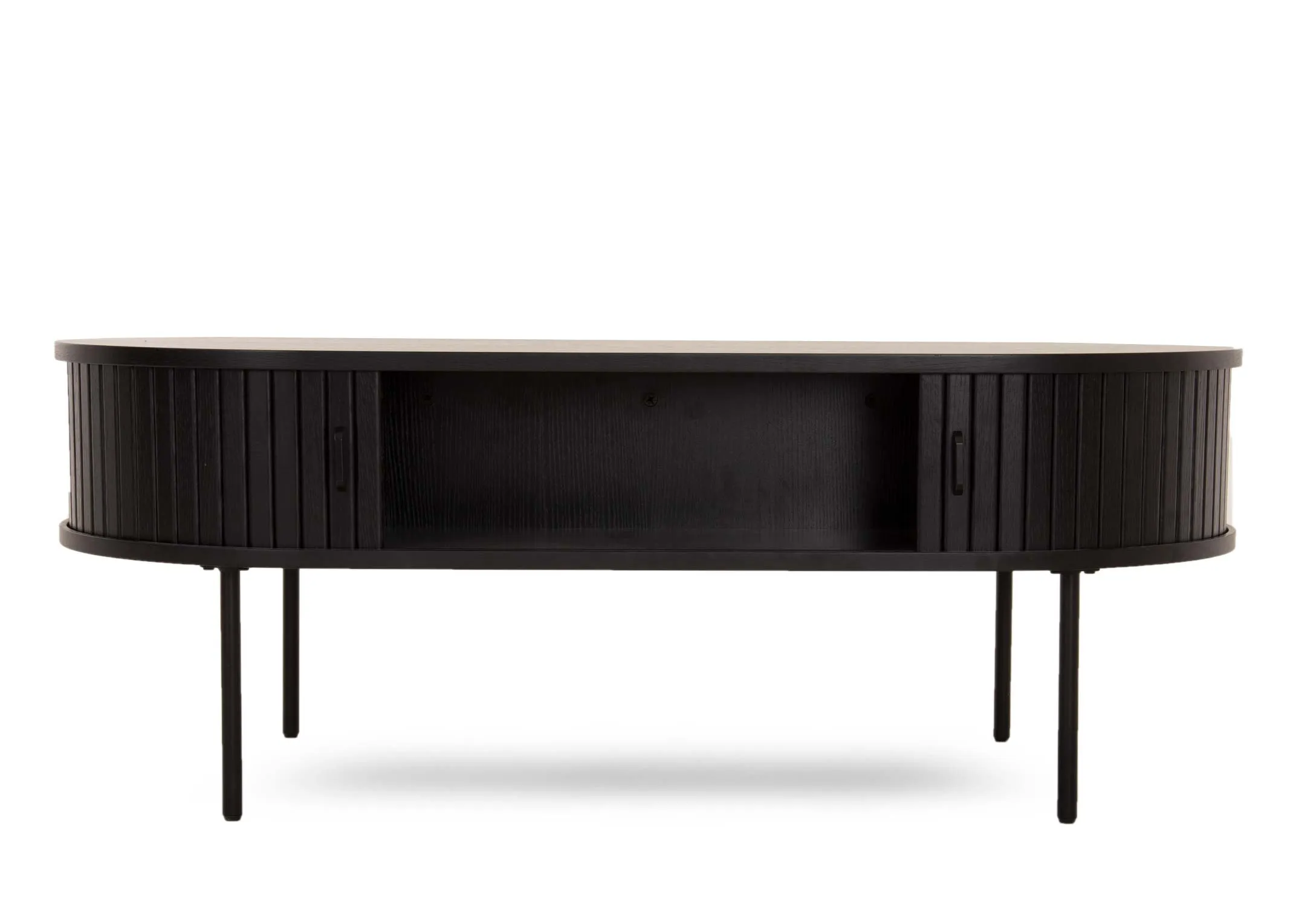 A black oak coffee table with a slatted tambour door from EZ Livings Nola range. Front view with door open showing storage space