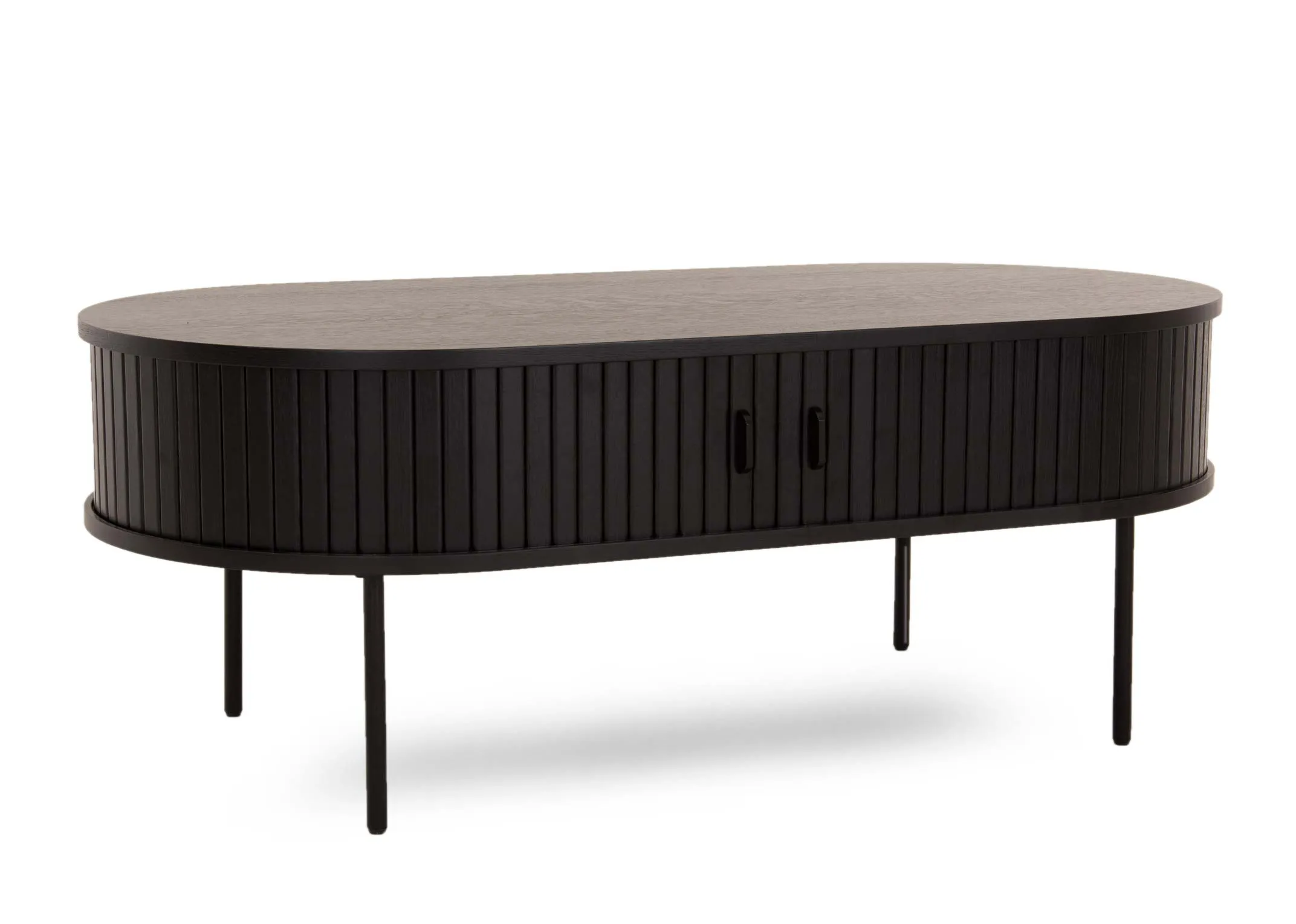 A black oak coffee table with a slatted tambour door from EZ Livings Nola range. Angled view of skinny metal legs