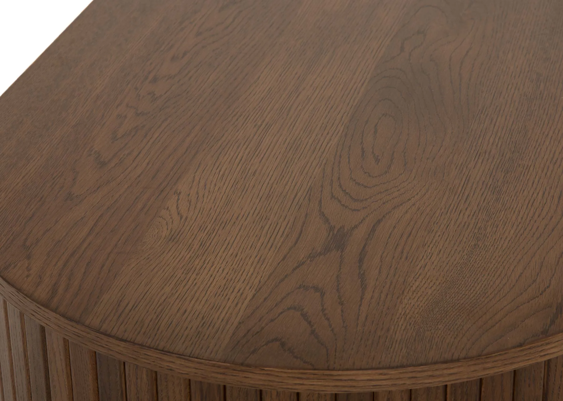 A smoked oak tambour door coffee table from EZ Livings Nola range. Front view of open door showing storage.