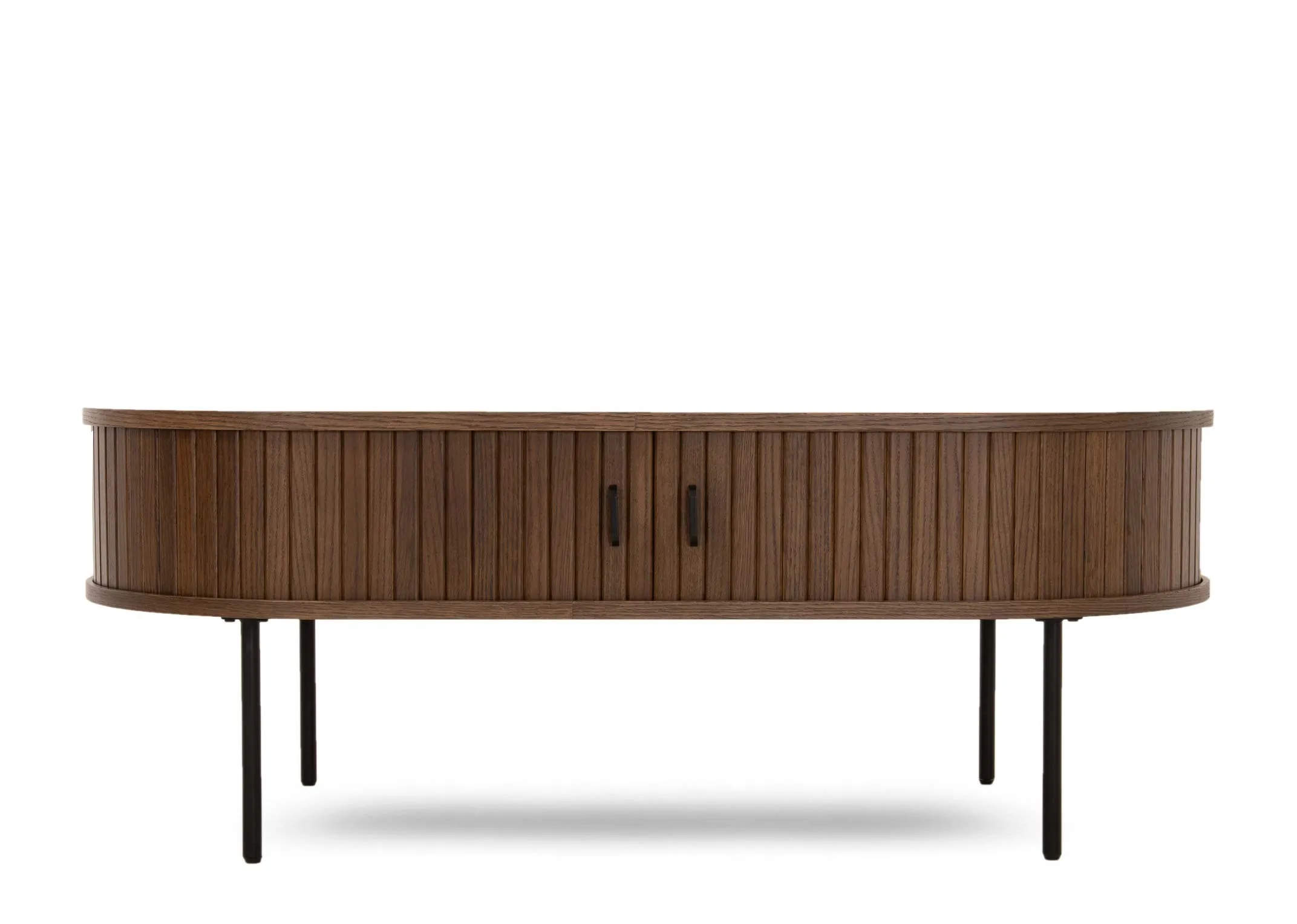A smoked oak tambour door coffee table from EZ Livings Nola range. Side view of cvurved doors
