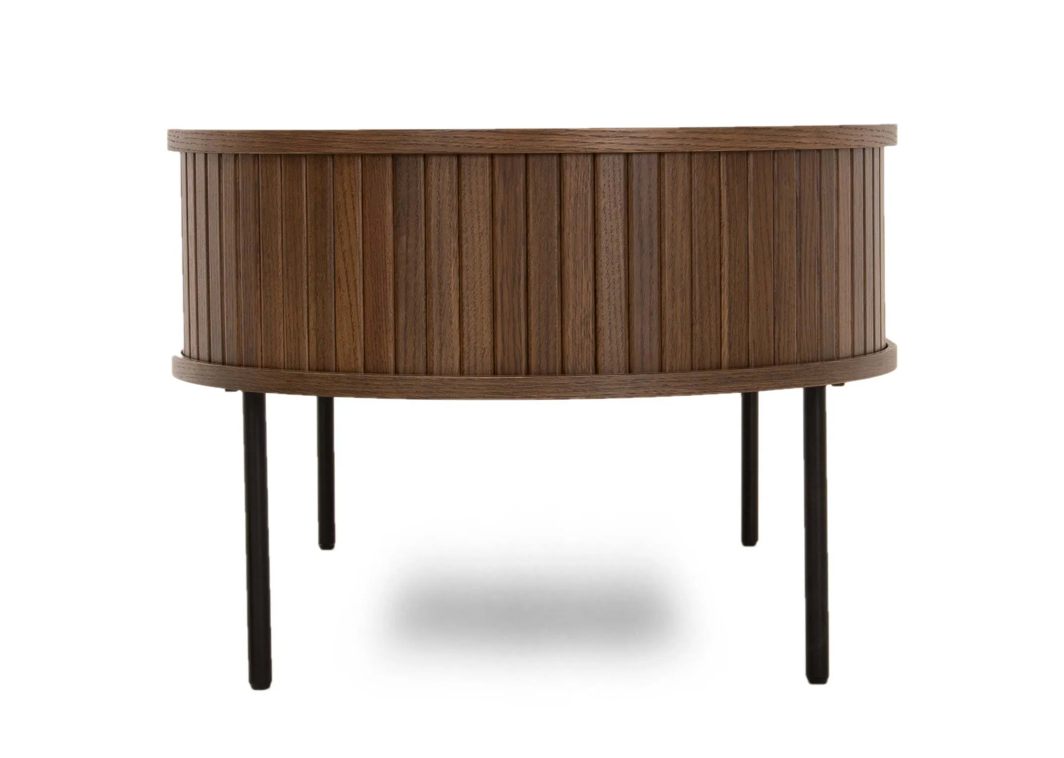 A smoked oak tambour door coffee table from EZ Livings Nola range. Side view of cvurved doors
