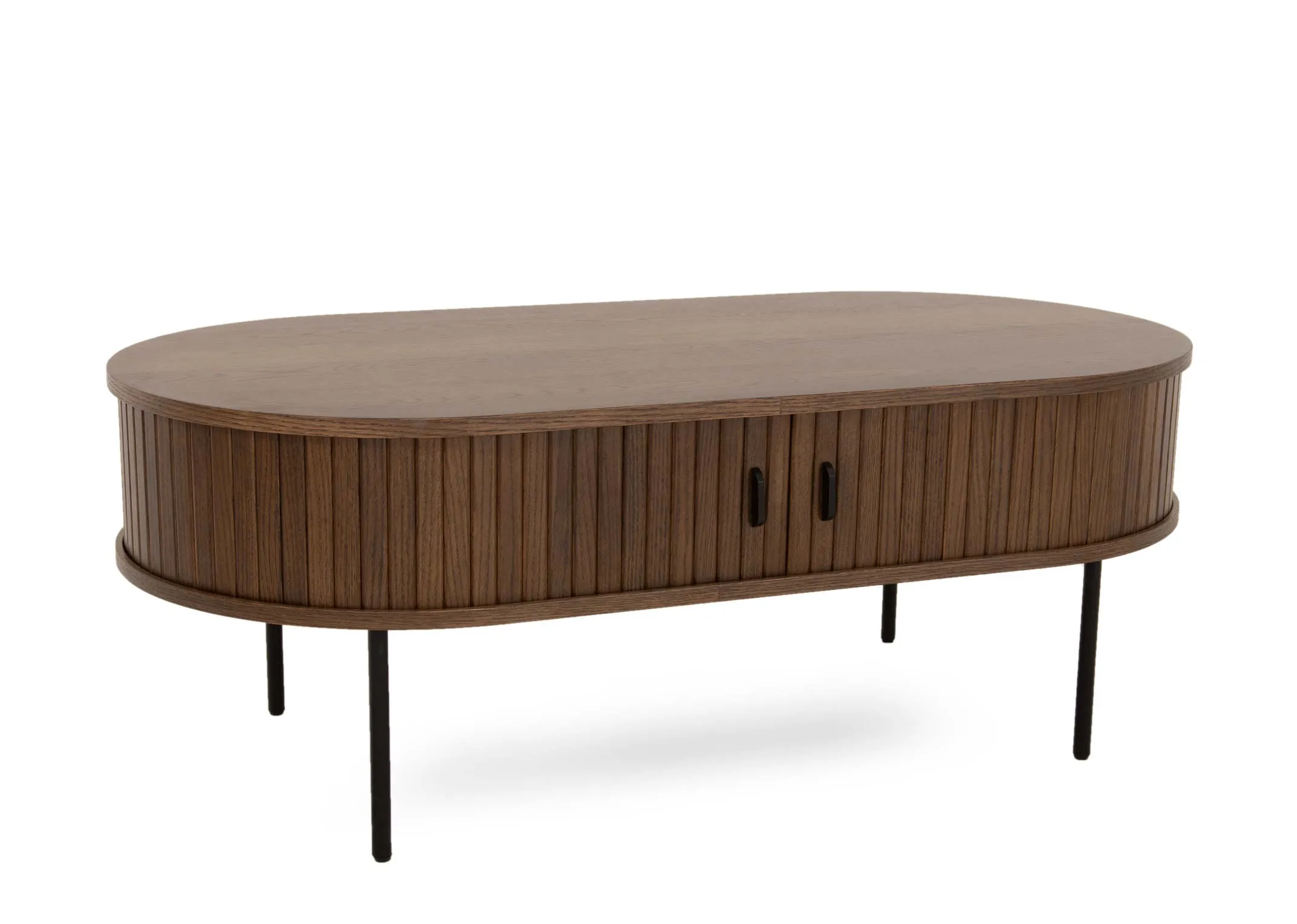 A smoked oak tambour door coffee table from EZ Livings Nola range. Angled view of the oval shape and skinny legs