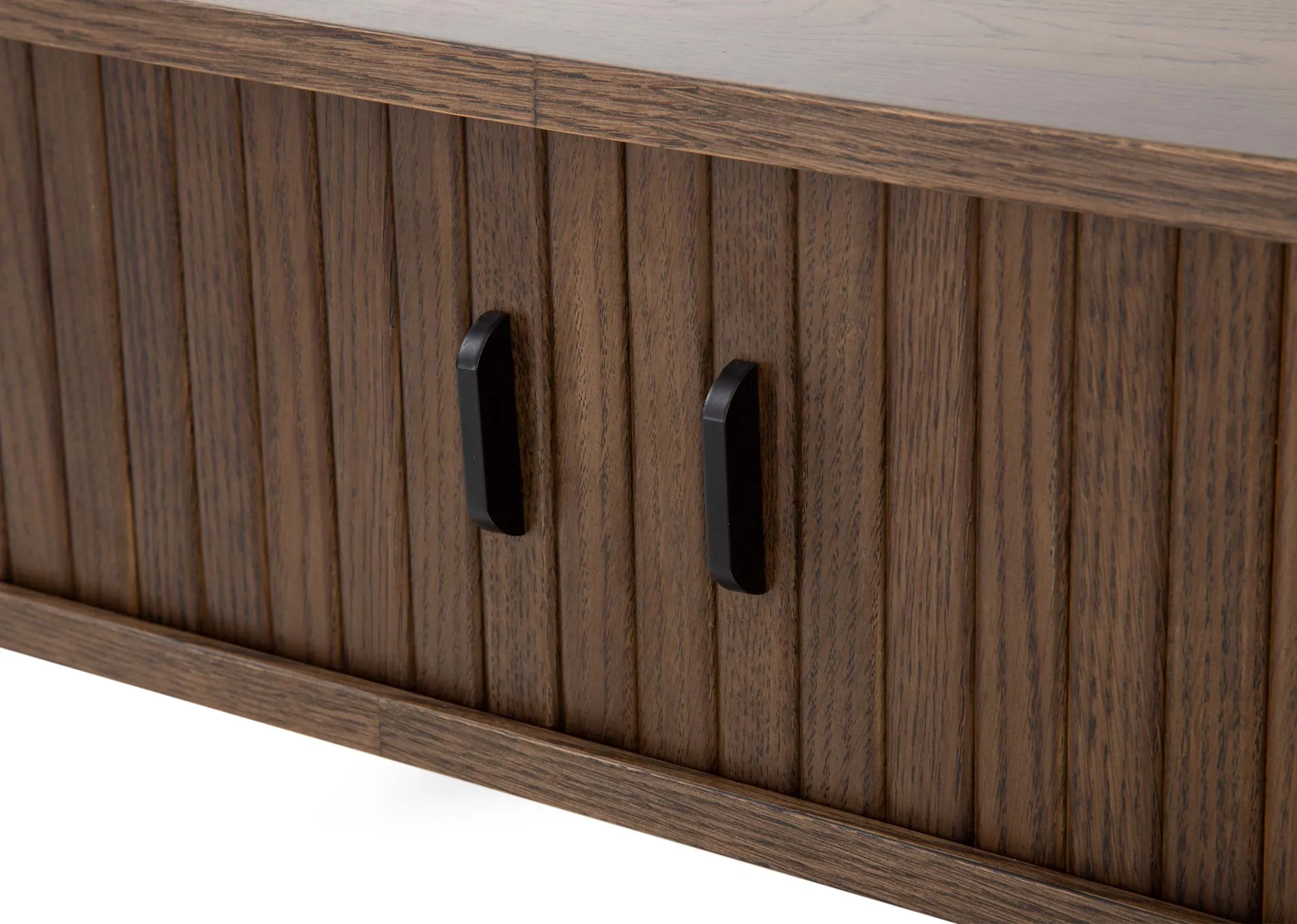 A smoked oak tambour door coffee table from EZ Livings Nola range. Closeup of textured table top