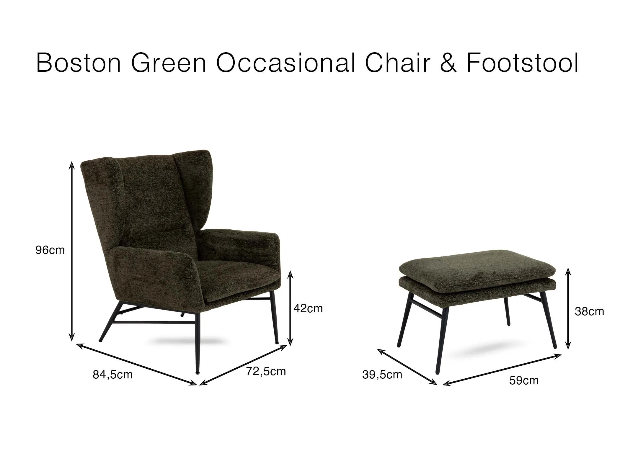 A lifetsyle image of the Boston green chair and matching footstool