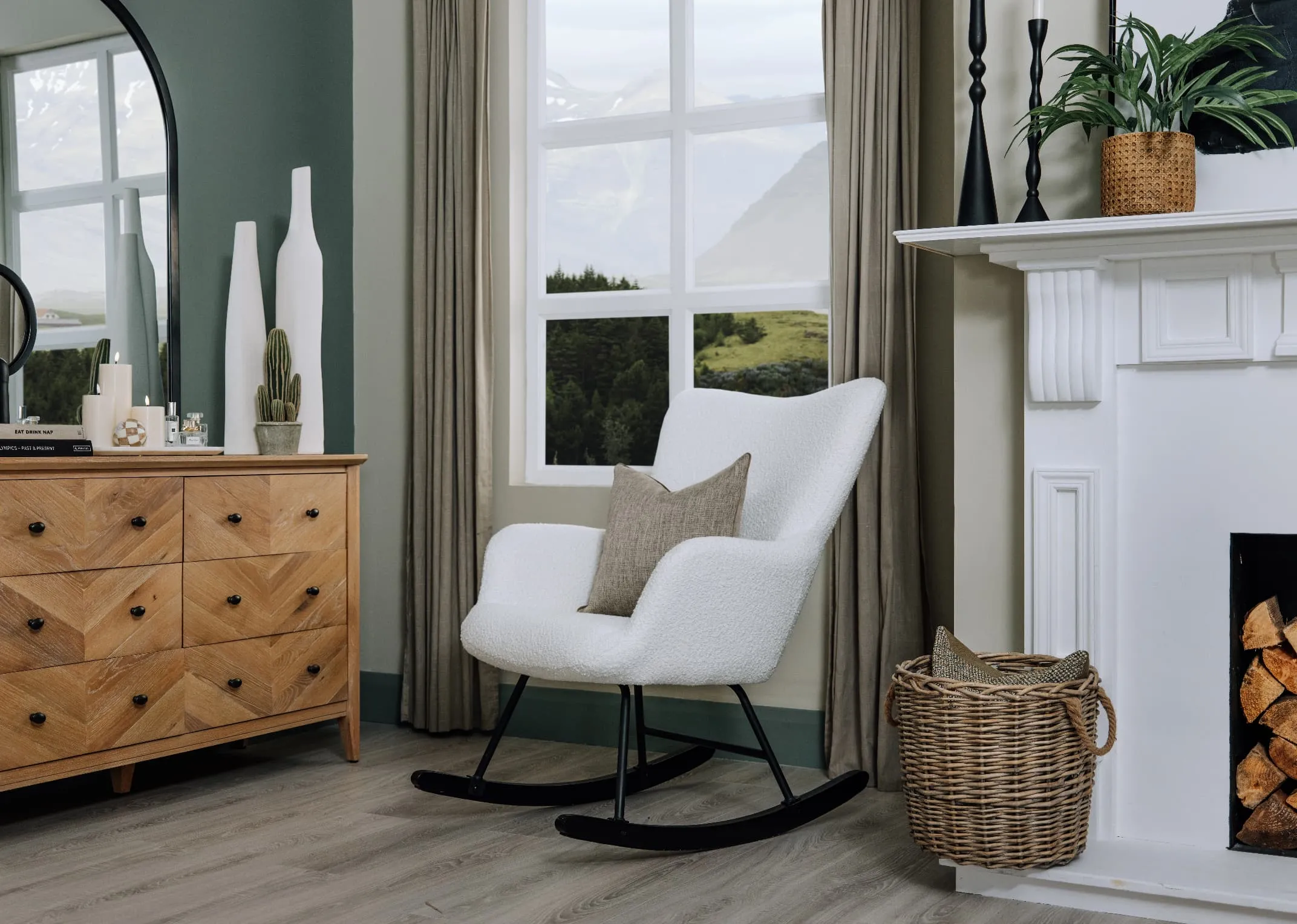 A lifestyle image of the Percy Rocking Chair with Chevron chest of drawers.