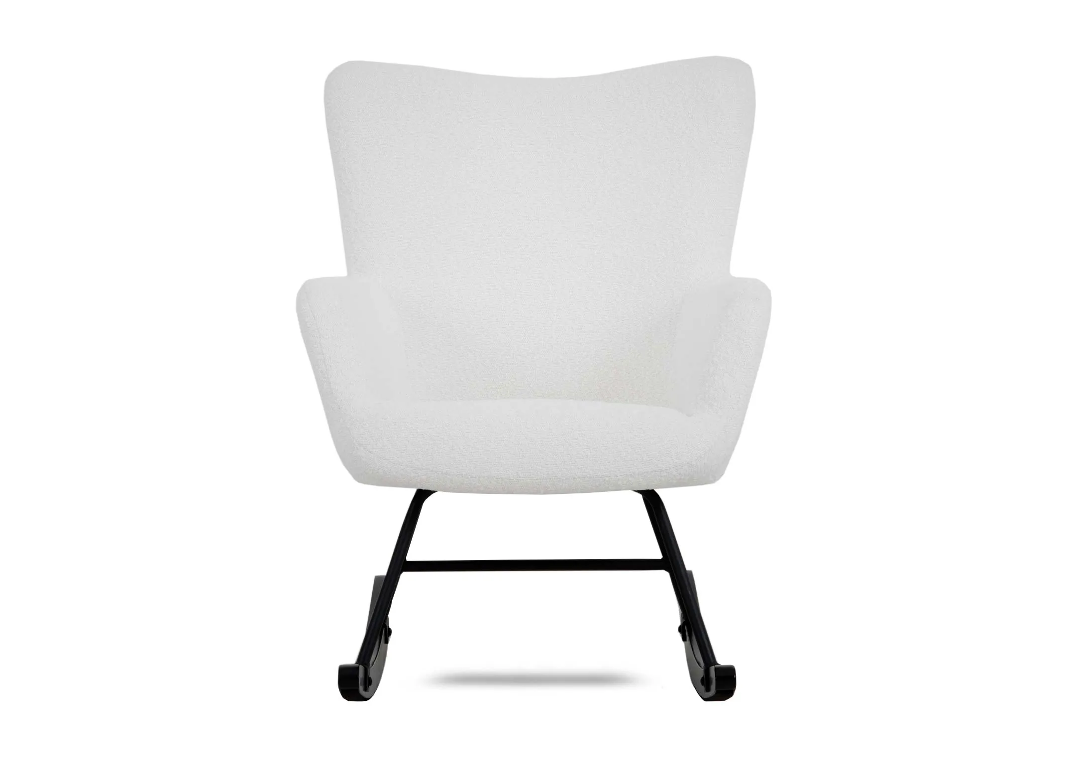 A boucle armchair with black rubber & meatl rocker from EZ Livings Percy range. Front view of wide arms