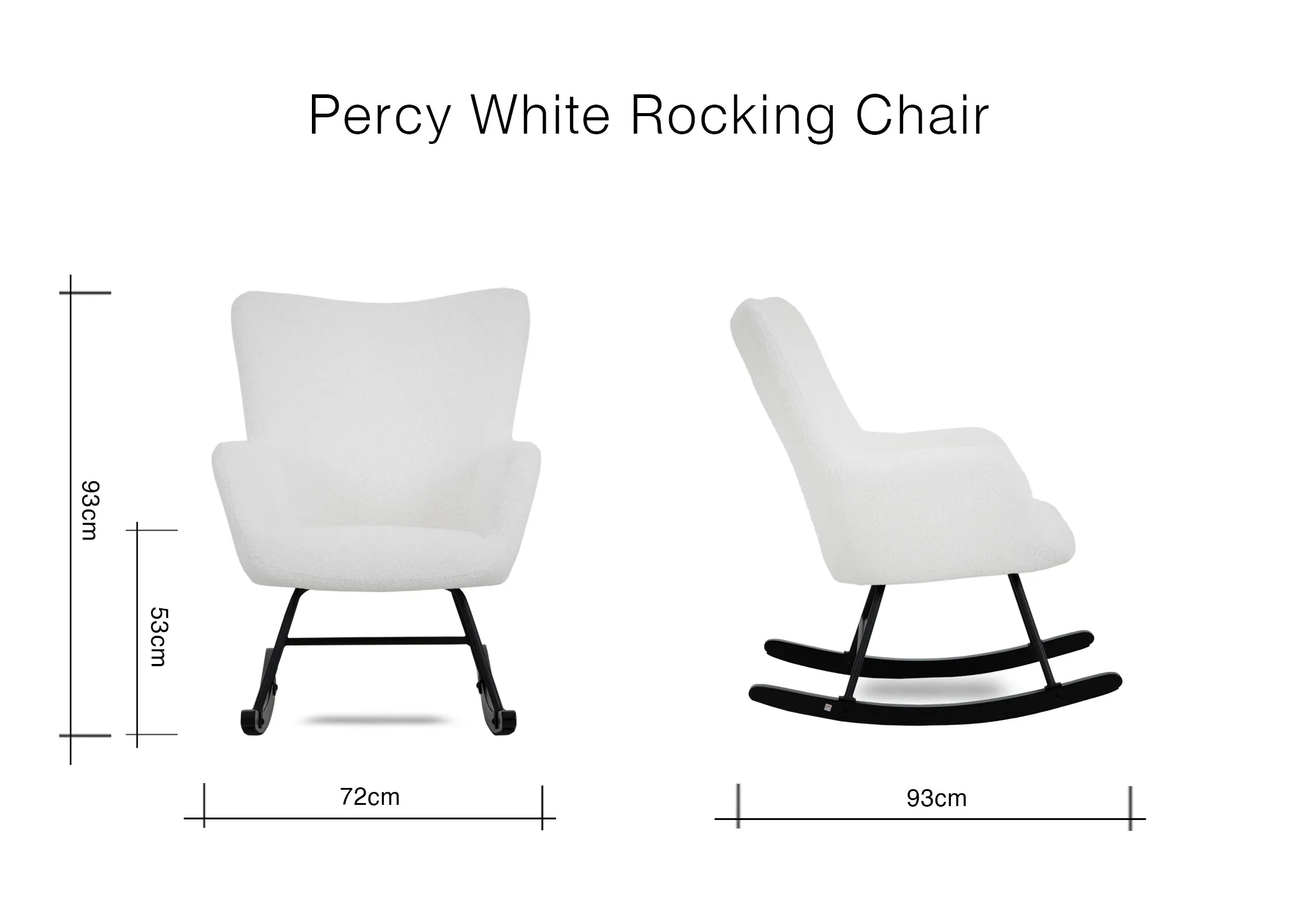 A dimension image of the Percy White Rocking Chair with 72cm x 93cm