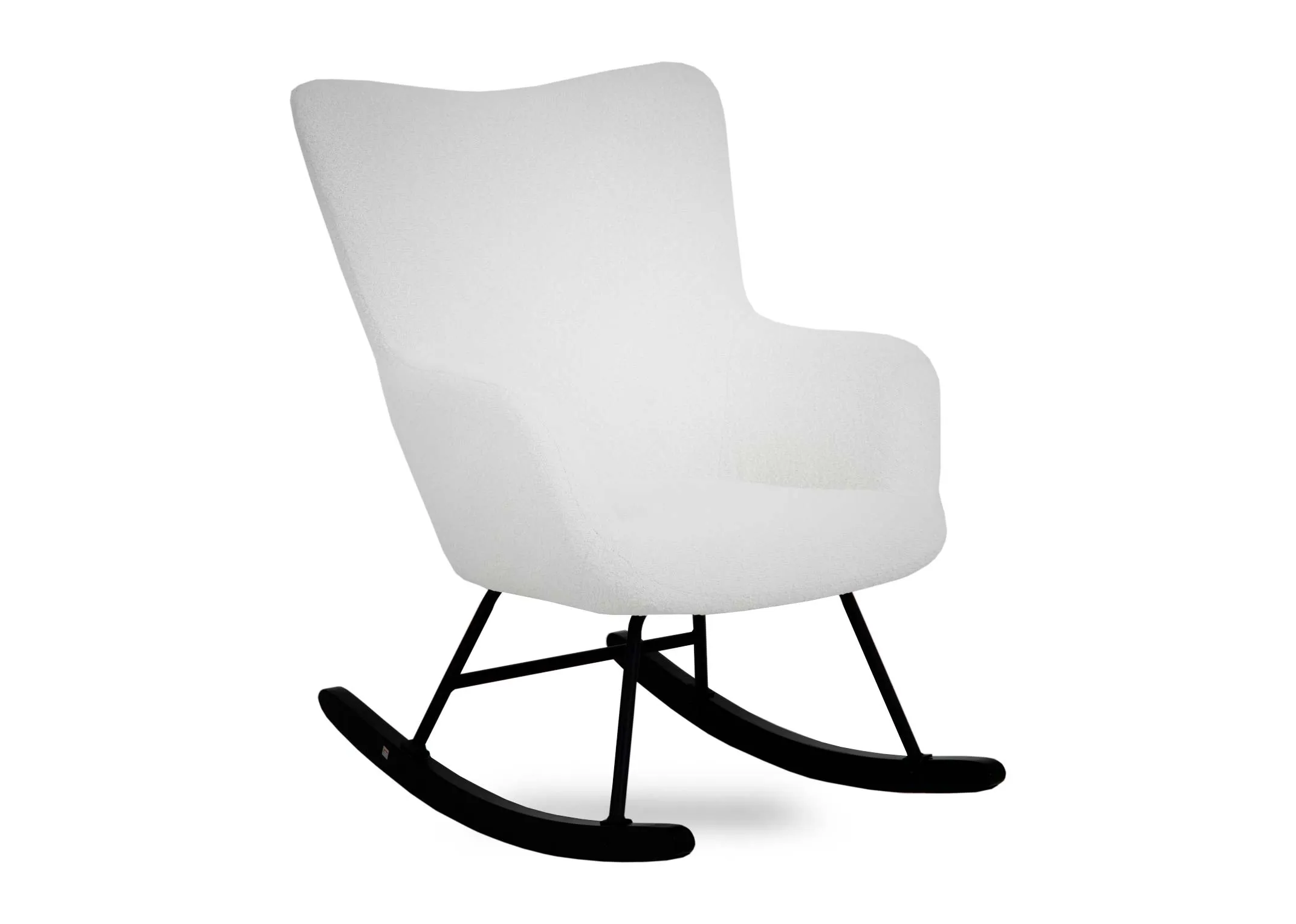 A boucle armchair with black rubber & meatl rocker from EZ Livings Percy range. Angled view of curved legs.